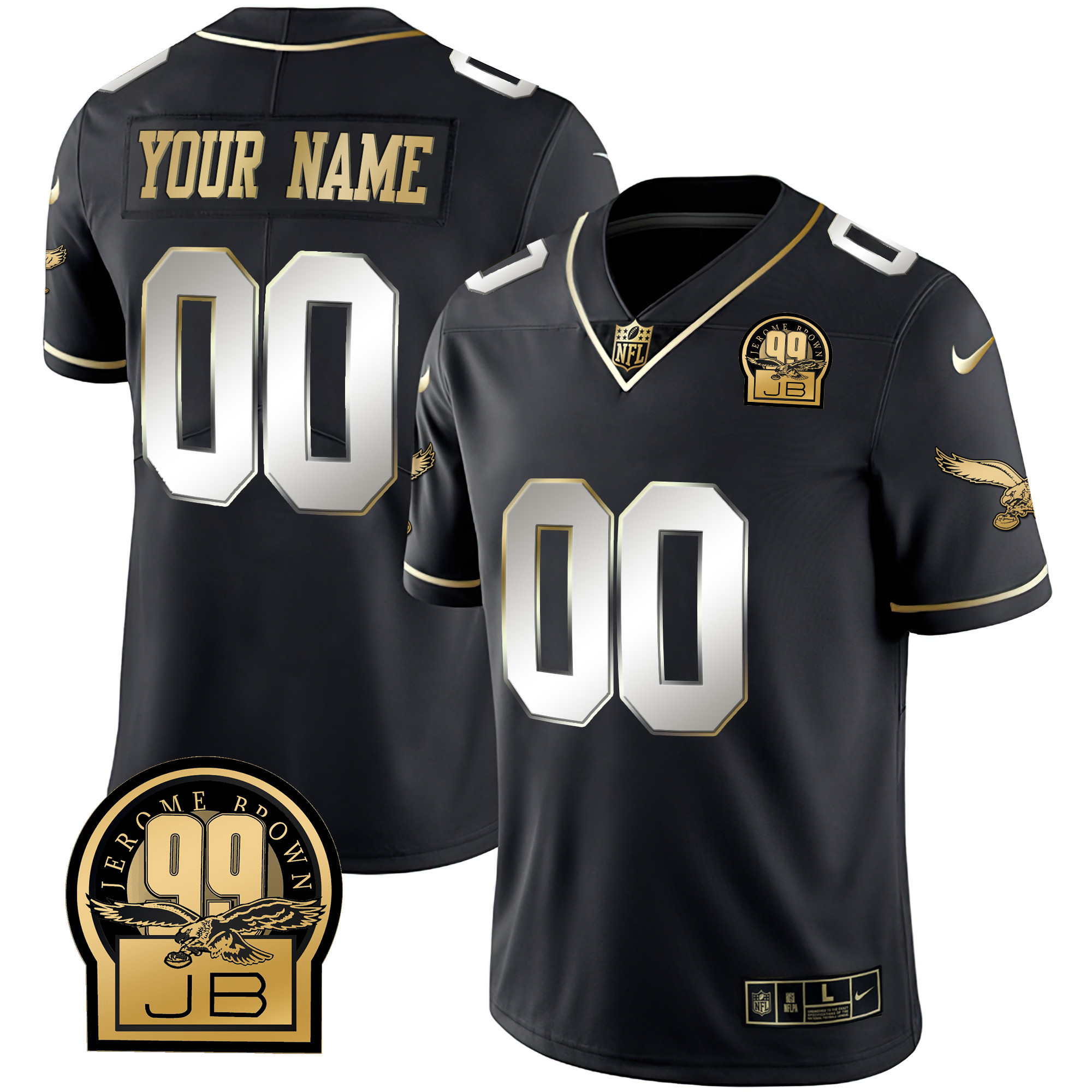 Philadelphia Eagles Jerome Brown Retired Patch Gold & Kelly Custom Black Limited Jersey - All Stitched