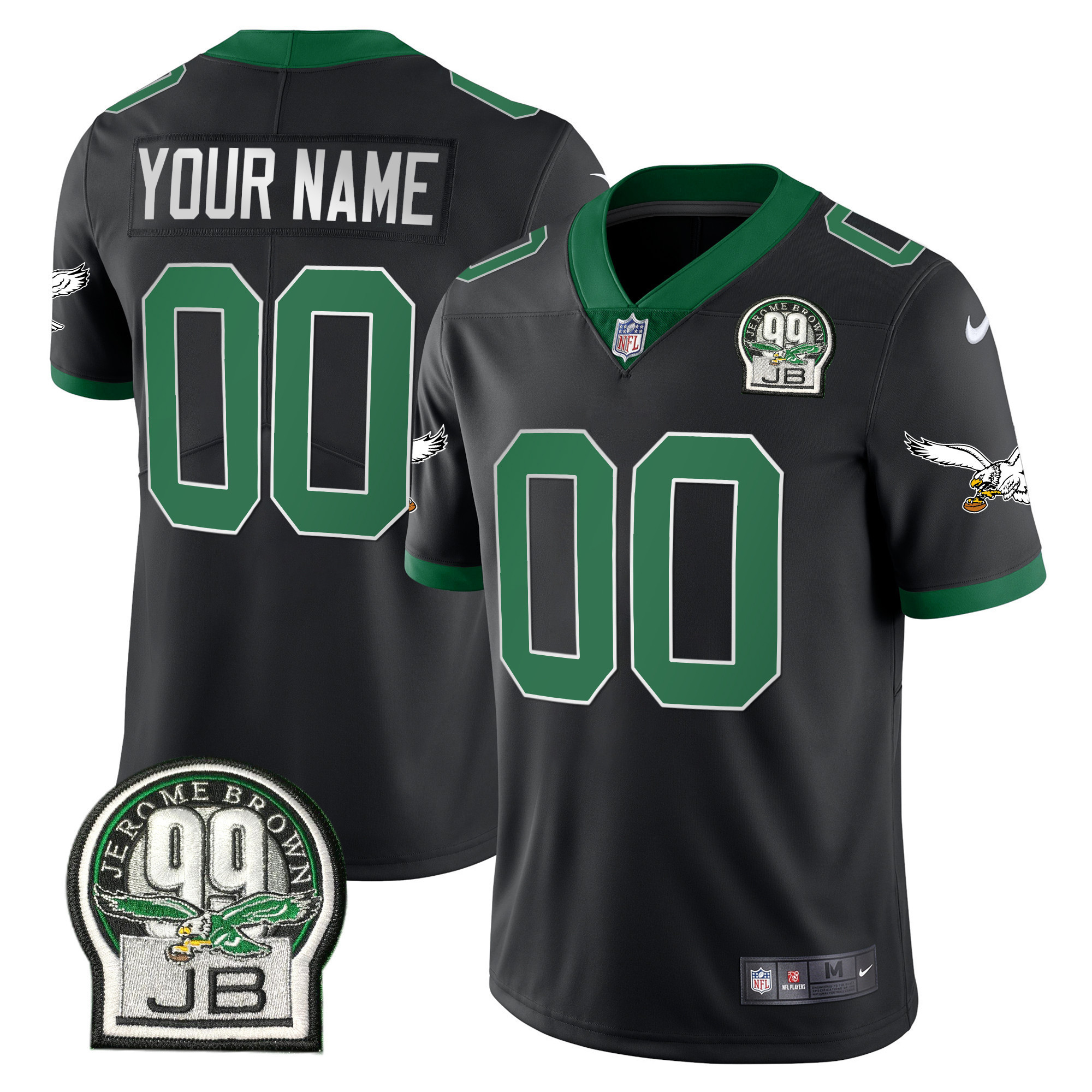 Philadelphia Eagles Jerome Brown Retired Patch Gold & Kelly Custom Kelly Black Jersey - All Stitched