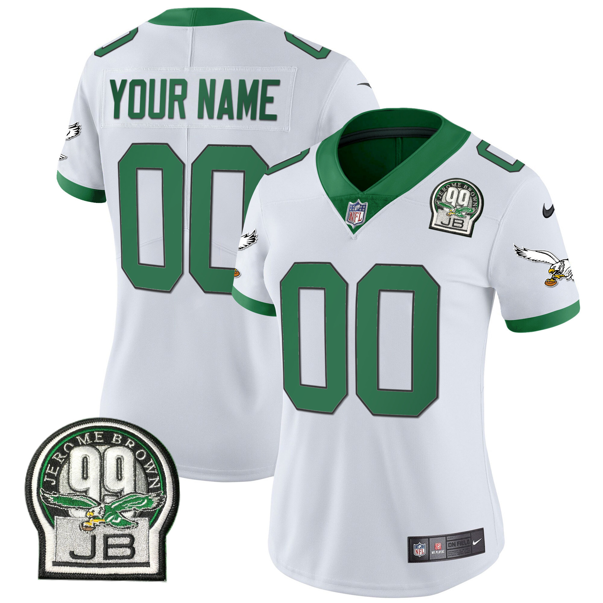 Philadelphia Eagles Jerome Brown Retired Patch Gold & Kelly Custom Kelly White Jersey - All Stitched
