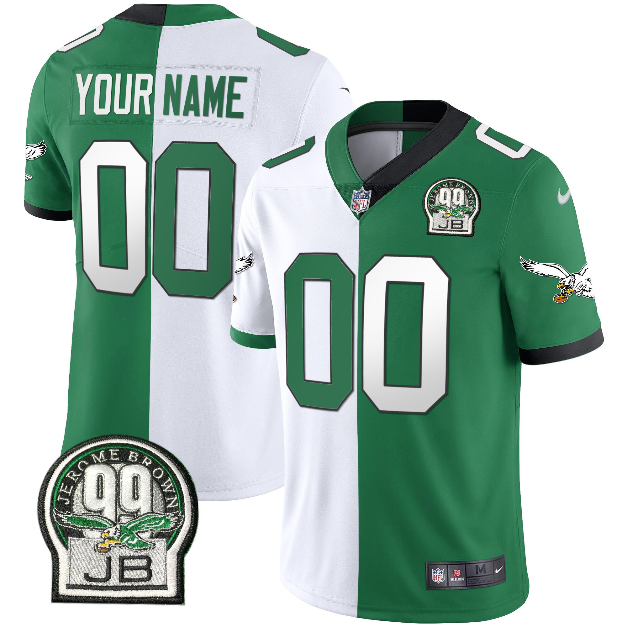 Philadelphia Eagles Jerome Brown Retired Patch Gold & Kelly Custom Split Jersey - All Stitched