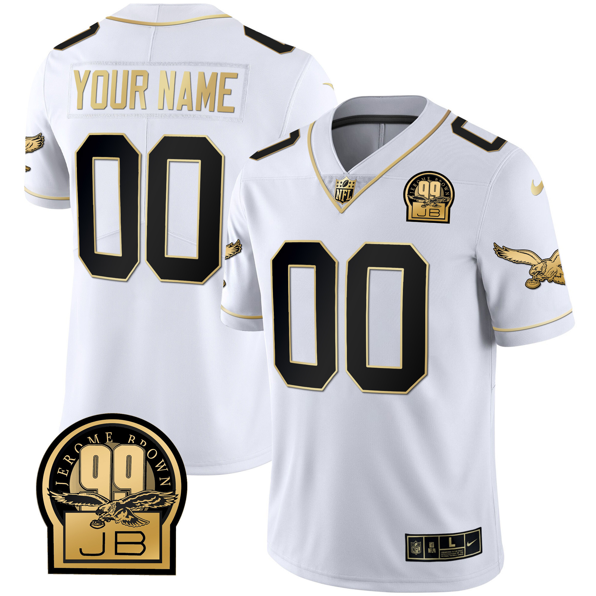 Philadelphia Eagles Jerome Brown Retired Patch Gold & Kelly Custom White Gold Jersey - All Stitched