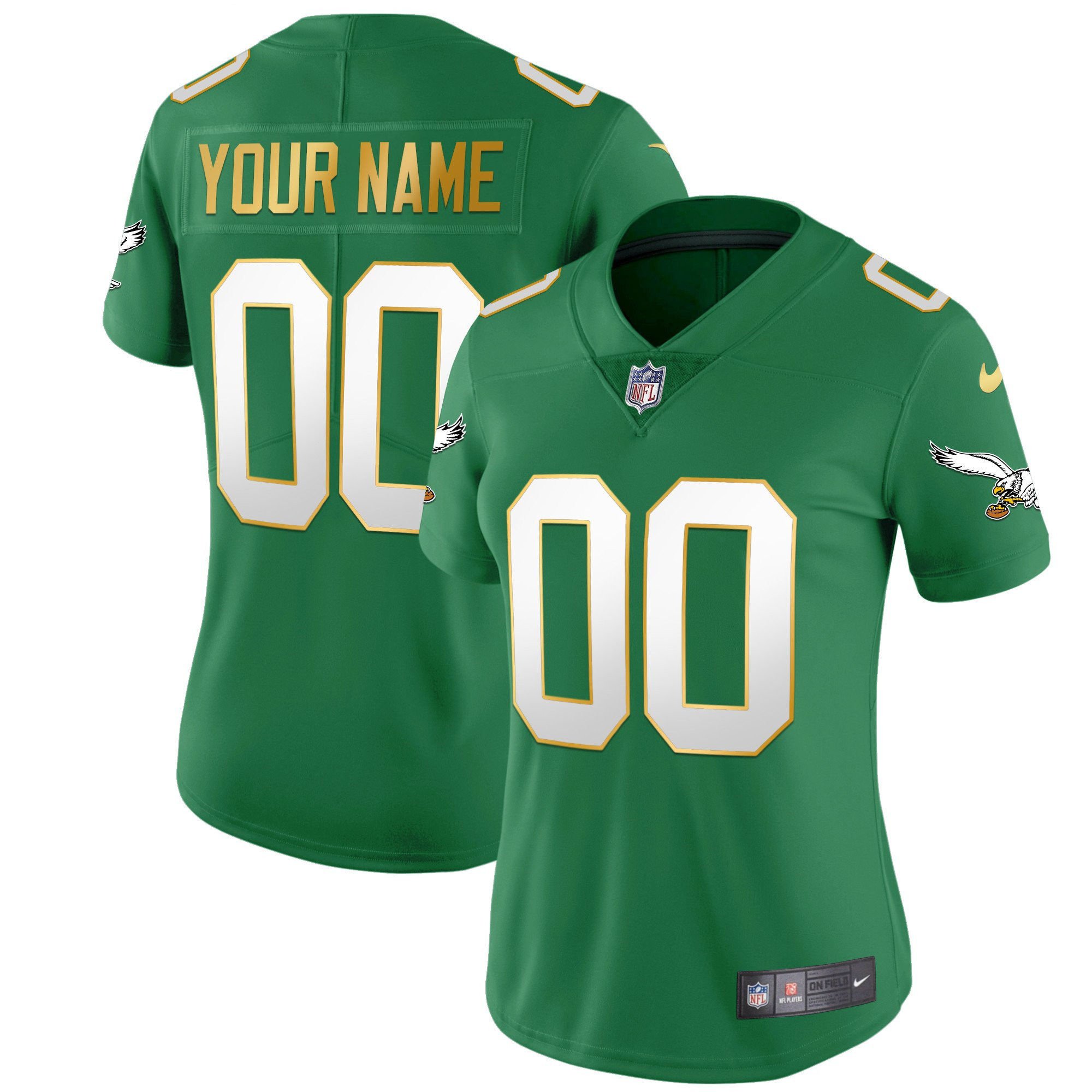Philadelphia Eagles Kelly Green Gold Custom Gold Trim Jersey - All Stitched