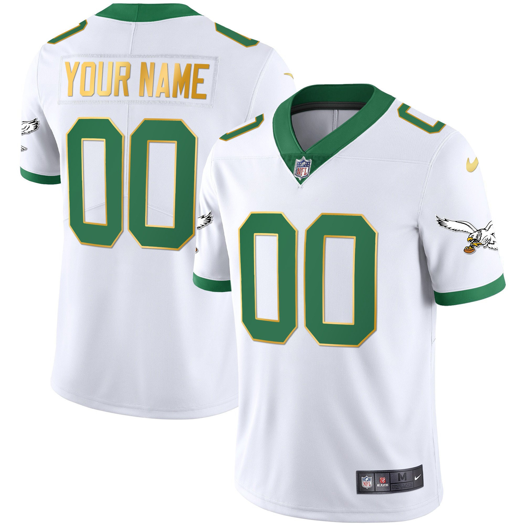 Philadelphia Eagles Kelly Green Gold Custom White Gold Trim Jersey - All Stitched