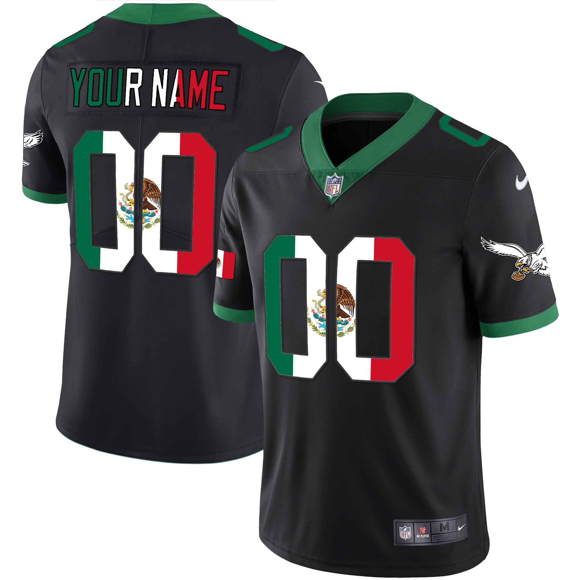 Philadelphia Eagles Mexico Gold & Kelly Vapor Custom Kelly Black Jersey - All Stitched