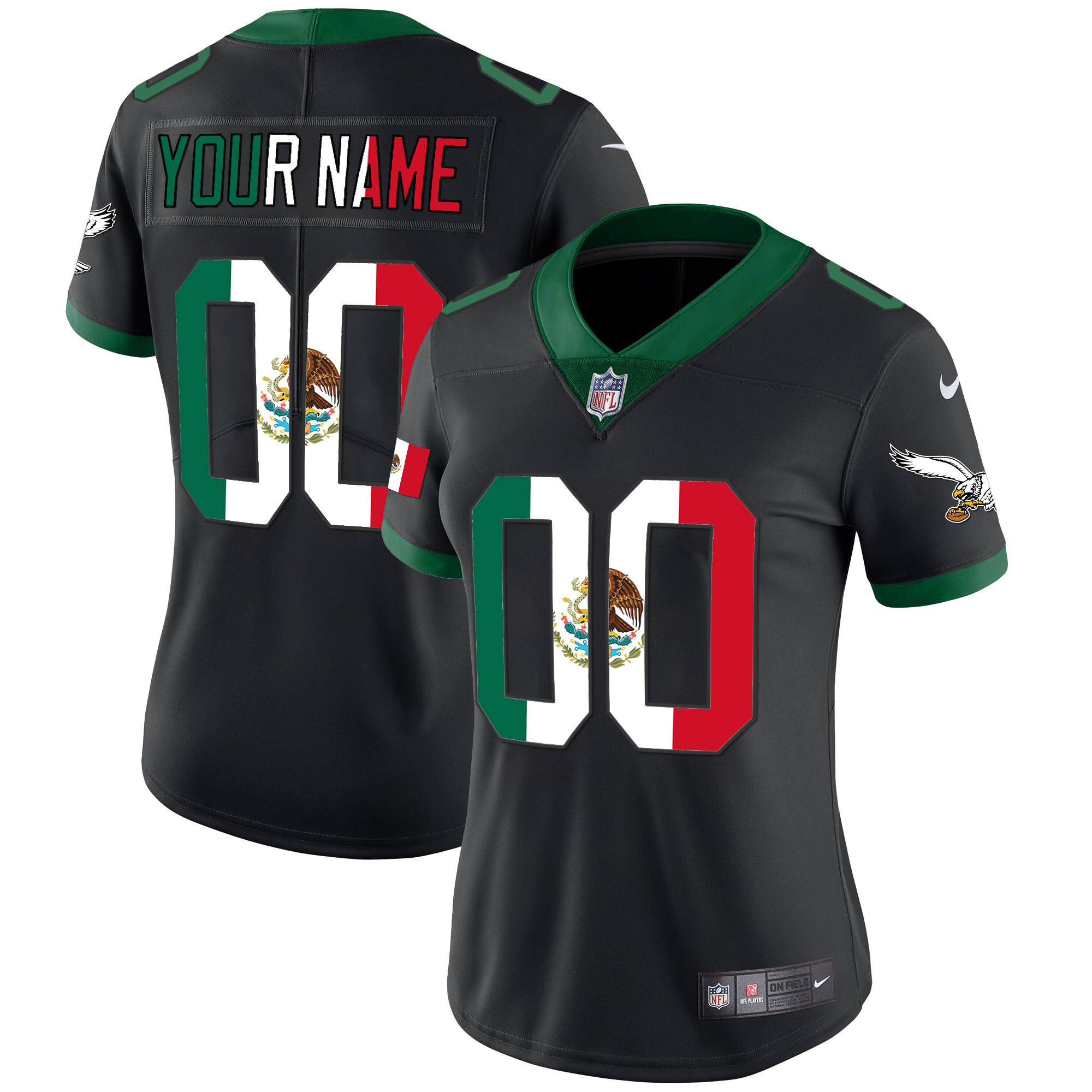 Philadelphia Eagles Mexico Gold & Kelly Vapor Custom Kelly Black Jersey - All Stitched