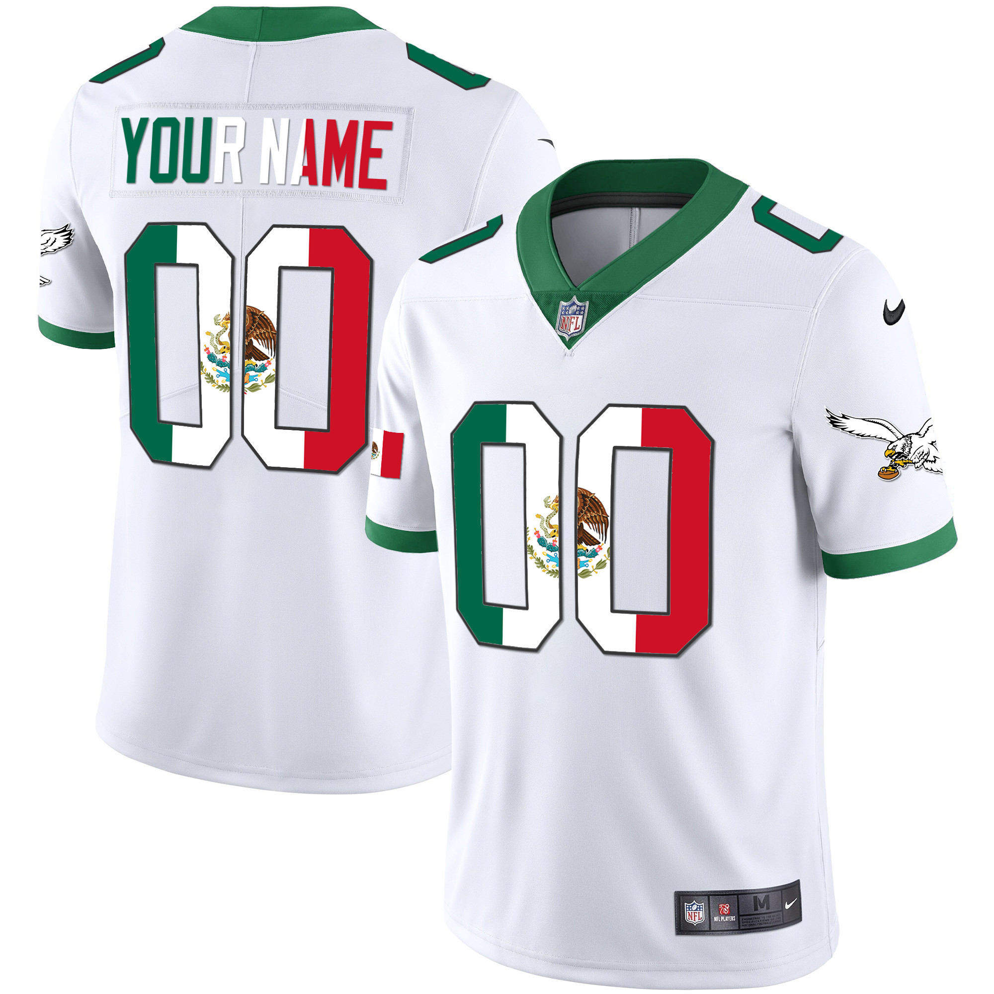 Philadelphia Eagles Mexico Gold & Kelly Vapor Custom Kelly White Jersey - All Stitched