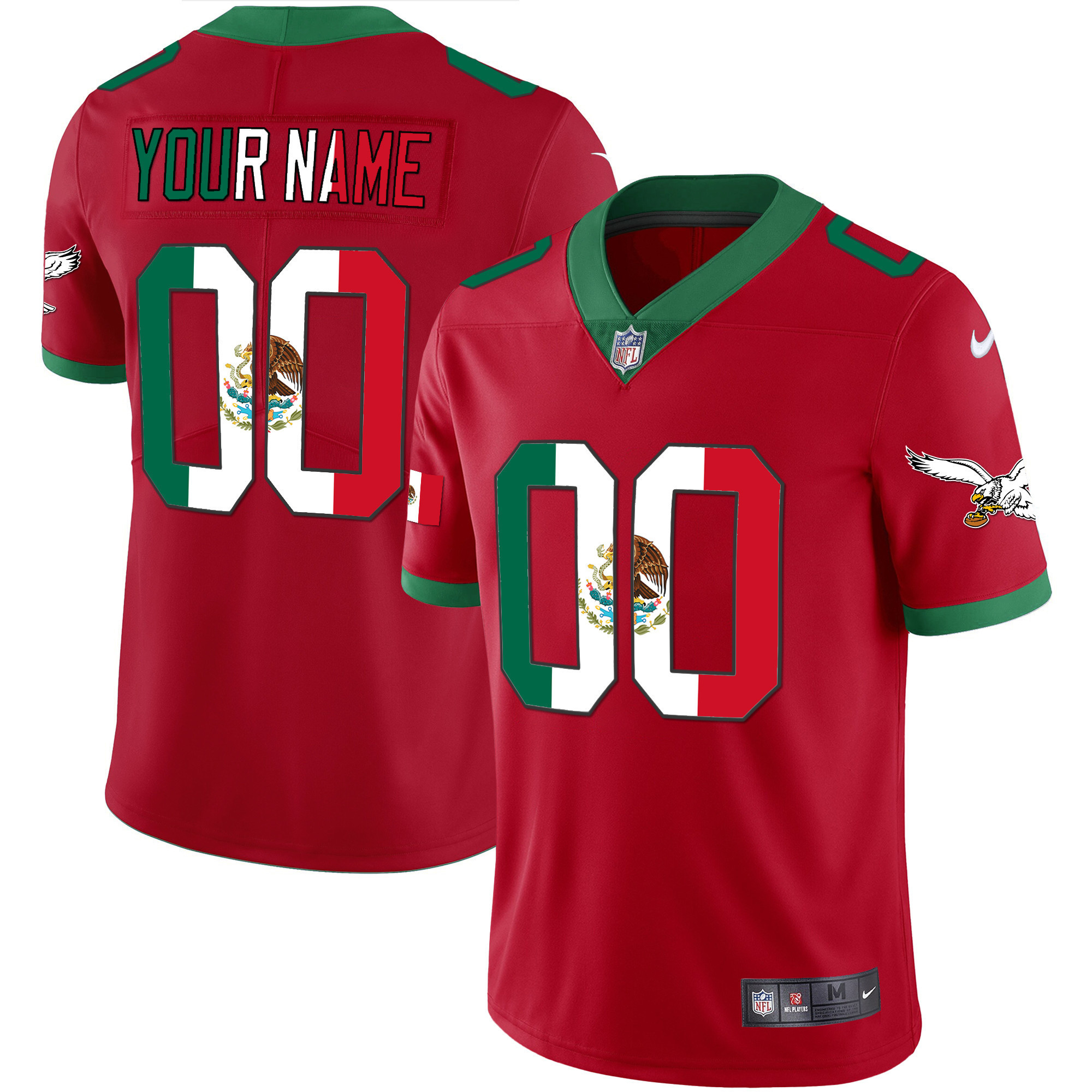 Philadelphia Eagles Mexico Gold & Kelly Vapor Custom Red Jersey - All Stitched
