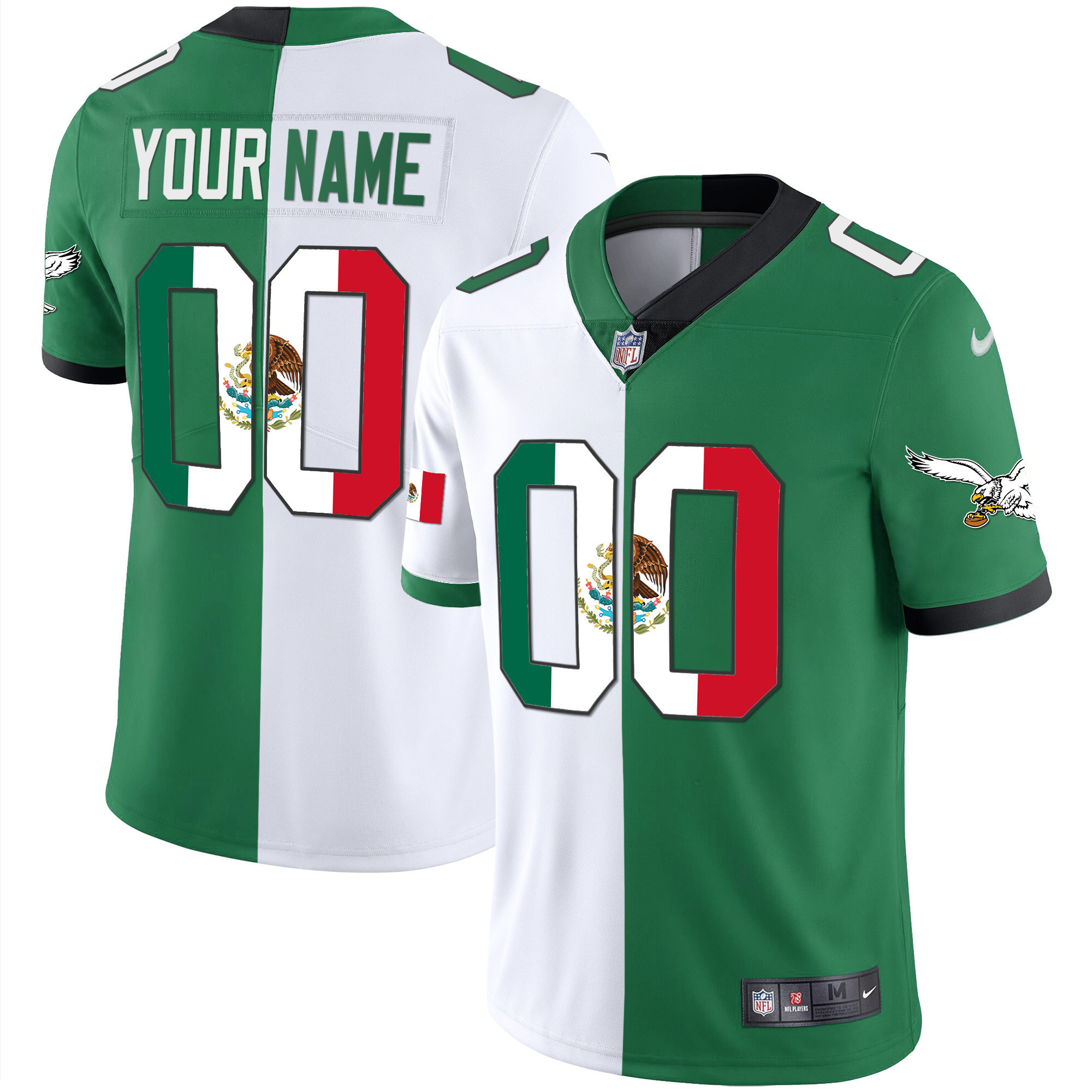 Philadelphia Eagles Mexico Gold & Kelly Vapor Custom Split Jersey - All Stitched