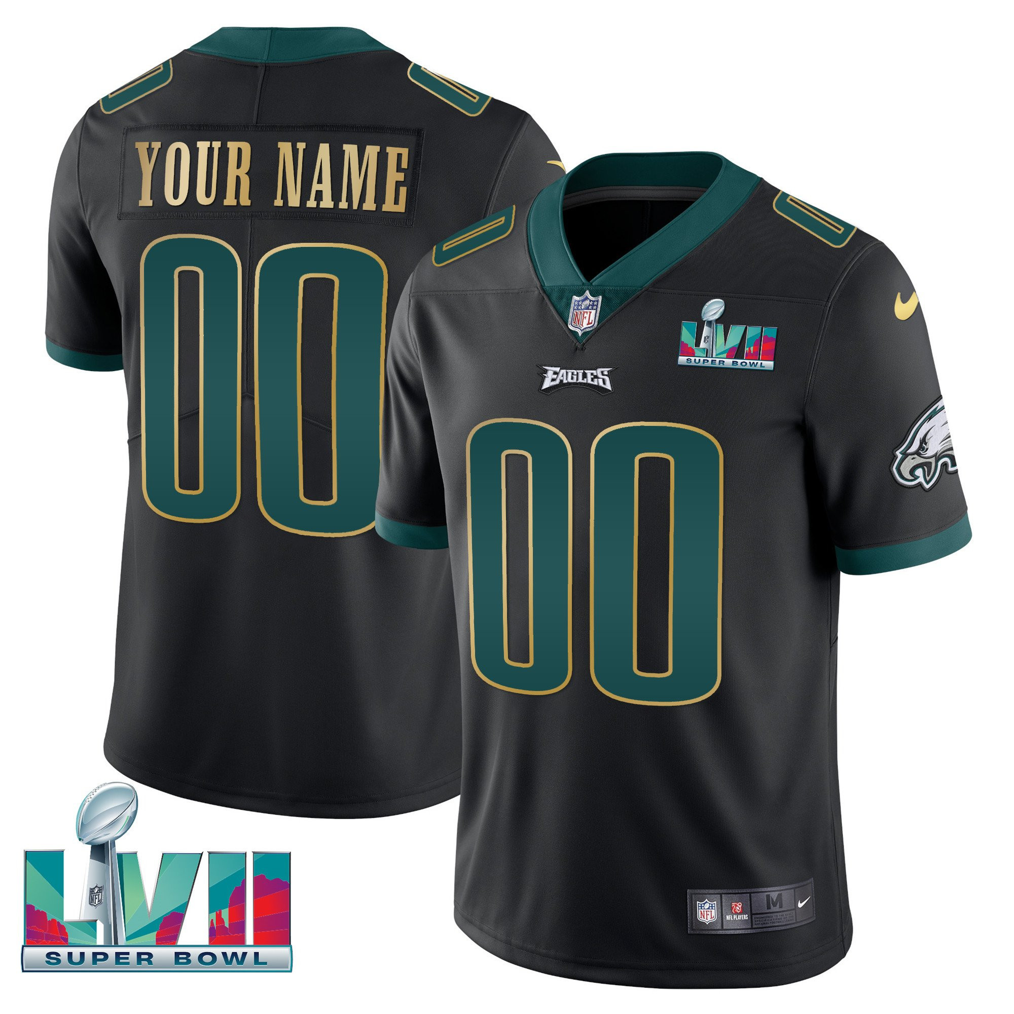 Philadelphia Eagles Super Bowl Custom Patch Vapor Black Gold Trim Jersey - All Stitched