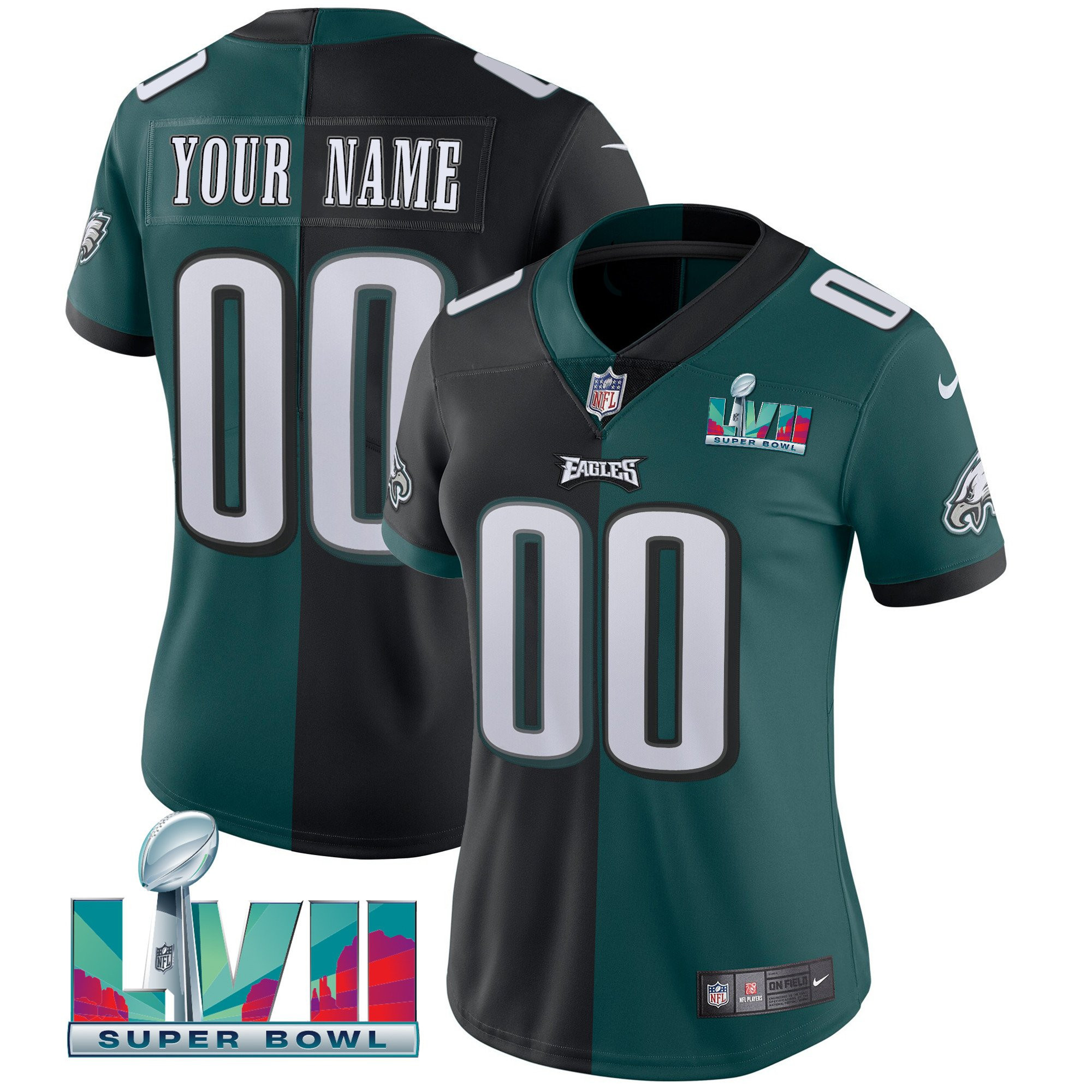 Philadelphia Eagles Super Bowl Custom Patch Vapor Split Black Green Jersey - All Stitched