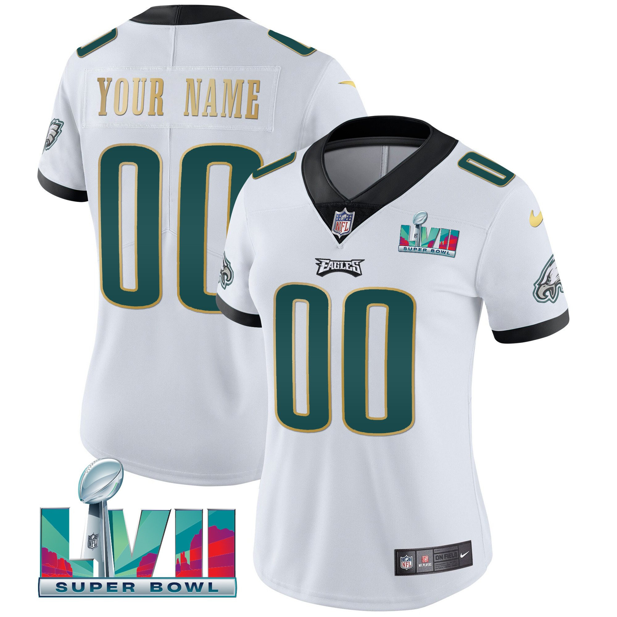 Philadelphia Eagles Super Bowl Custom Patch Vapor White Gold Trim Jersey - All Stitched