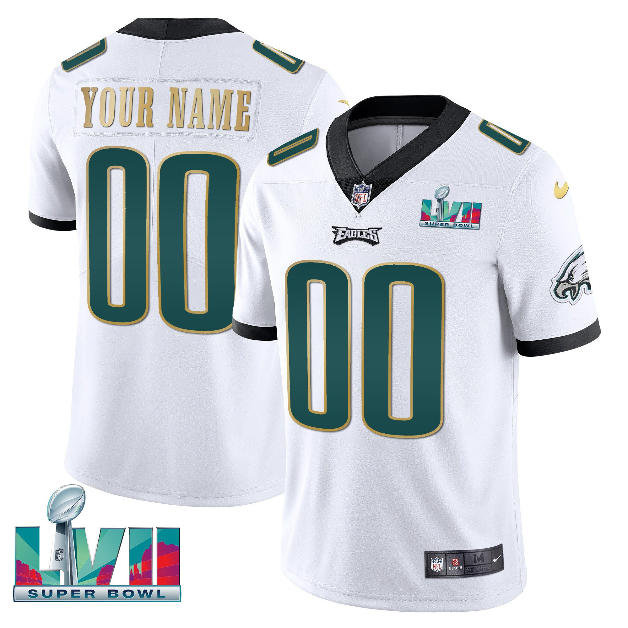 Philadelphia Eagles Super Bowl Custom Patch Vapor White Gold Trim Jersey - All Stitched