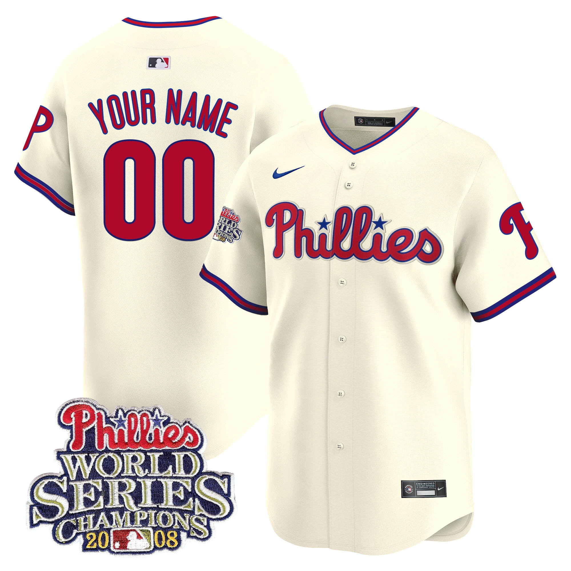 Philadelphia Phillies 2008 World Series Champions Patch Vapor Premier Limited Custom Cream Jersey - All Stitched
