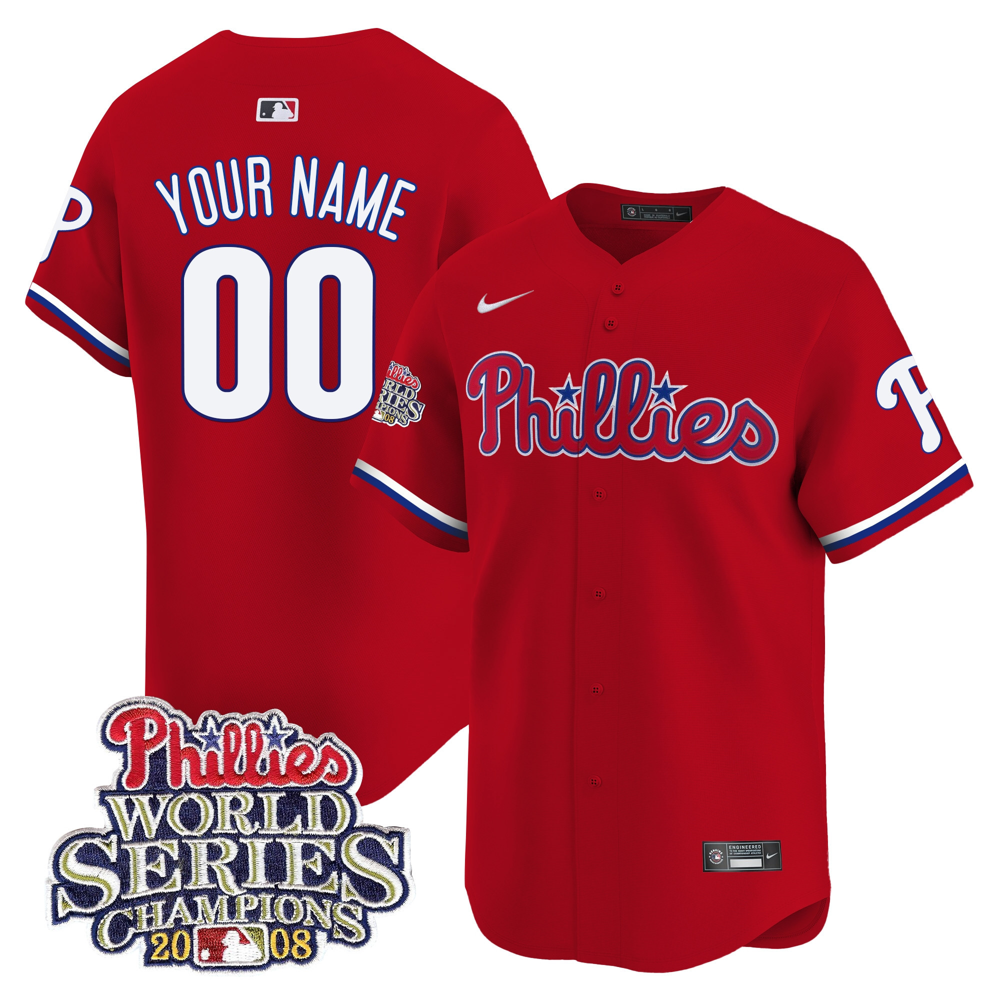 Philadelphia Phillies 2008 World Series Champions Patch Vapor Premier Limited Custom Red Jersey - All Stitched
