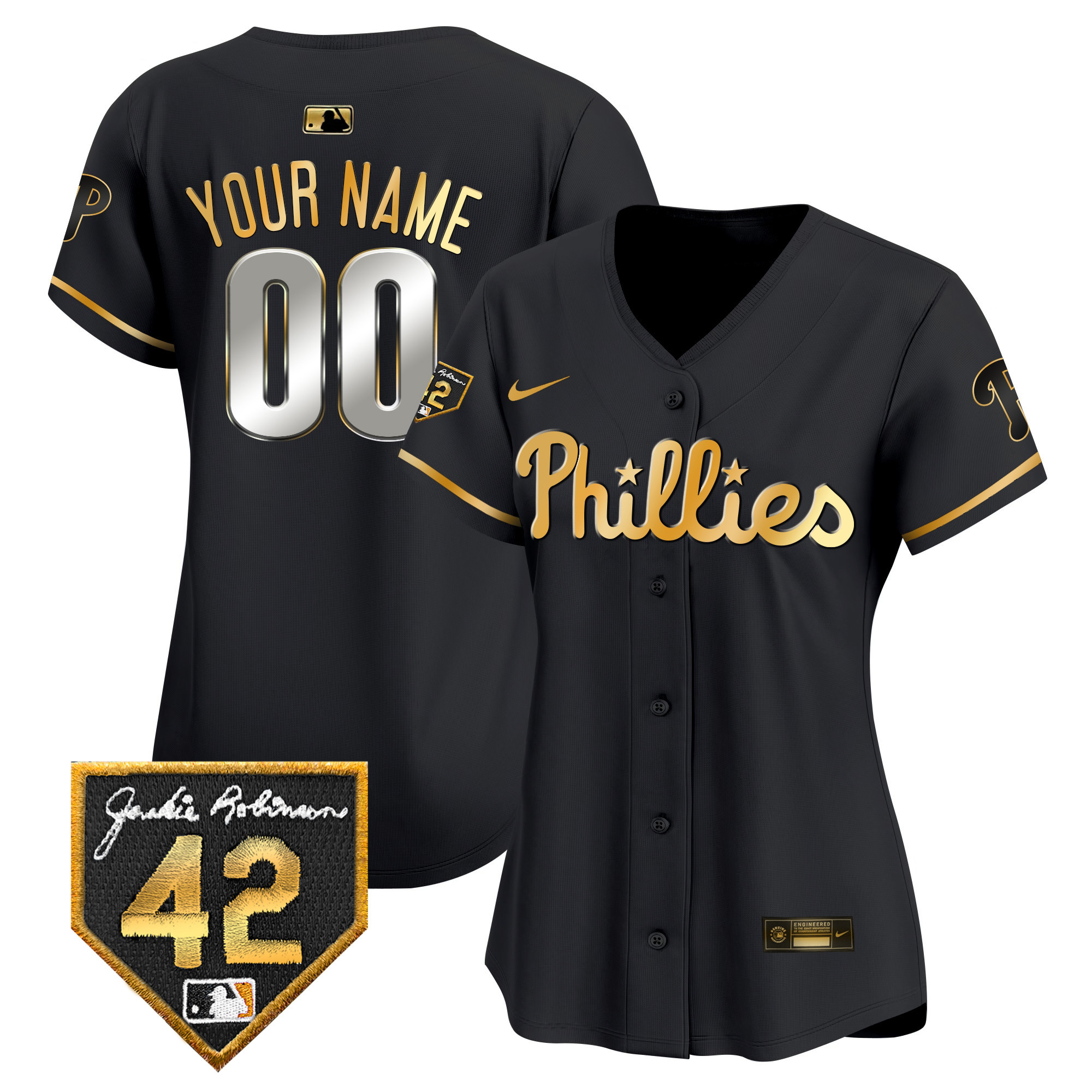 Philadelphia Phillies Jackie 2024 Robinson Patch Vapor Premier Limited Custom Black Gold Jersey - All Stitched