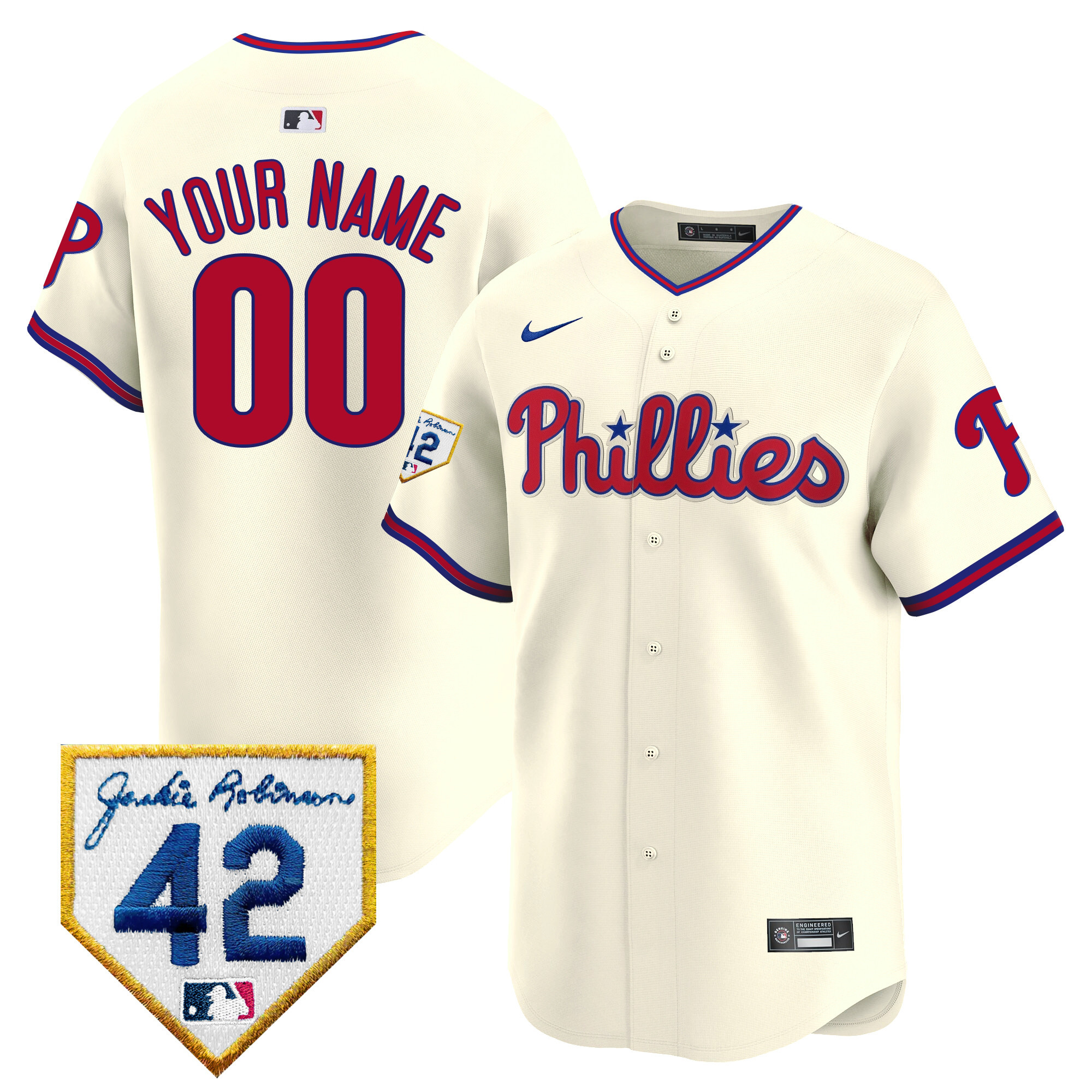 Philadelphia Phillies Jackie 2024 Robinson Patch Vapor Premier Limited Custom Cream Jersey - All Stitched