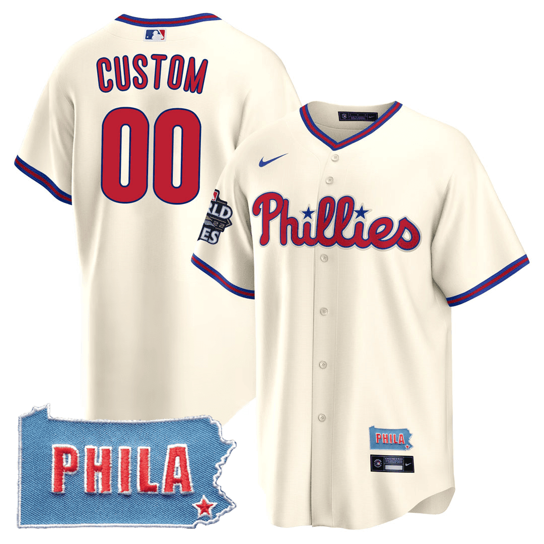 Philadelphia Phillies PHILA PA State Patch Custom Cream Men  Jersey - All Stitched