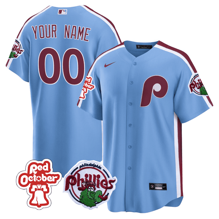 Philadelphia Phillies Red October Patch Custom Cool Blue Jersey - All Stitched