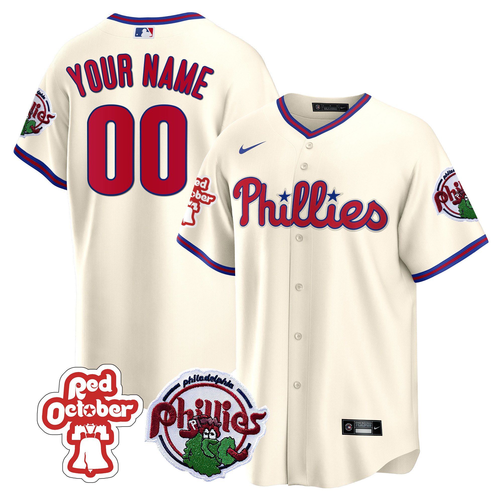 Philadelphia Phillies Red October Patch Custom Cool Cream Jersey - All Stitched