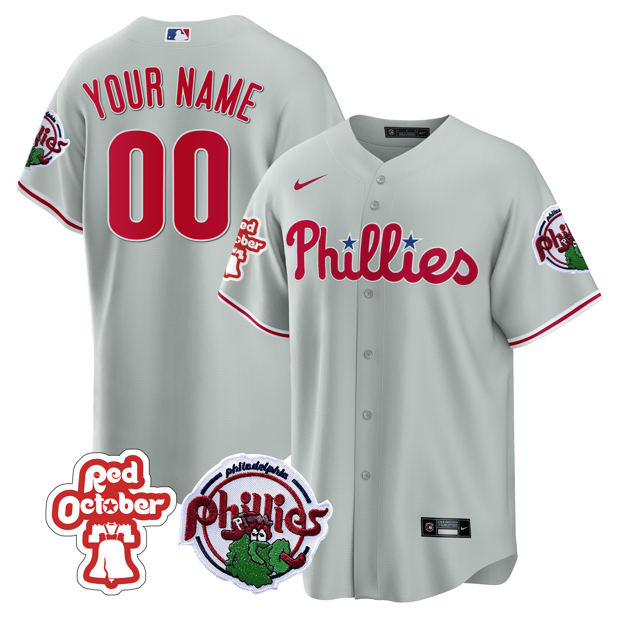 Philadelphia Phillies Red October Patch Custom Cool Gray Jersey - All Stitched