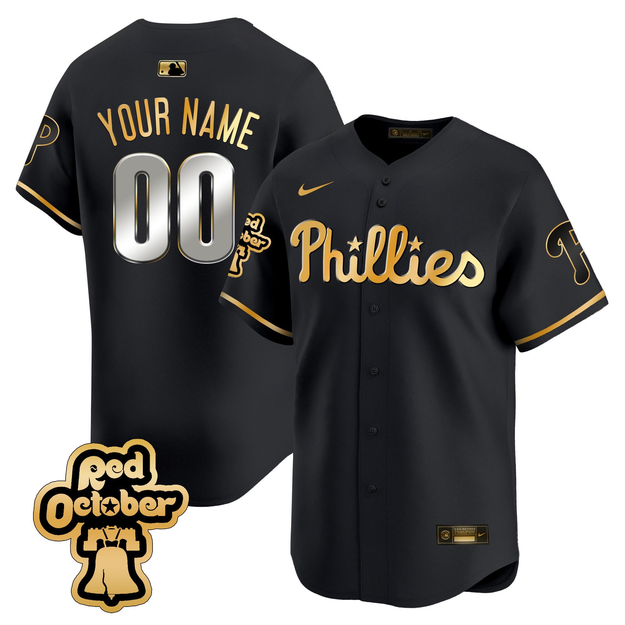 Philadelphia Phillies Red Octorber Patch Vapor Premier Limited Custom Black Gold Jersey