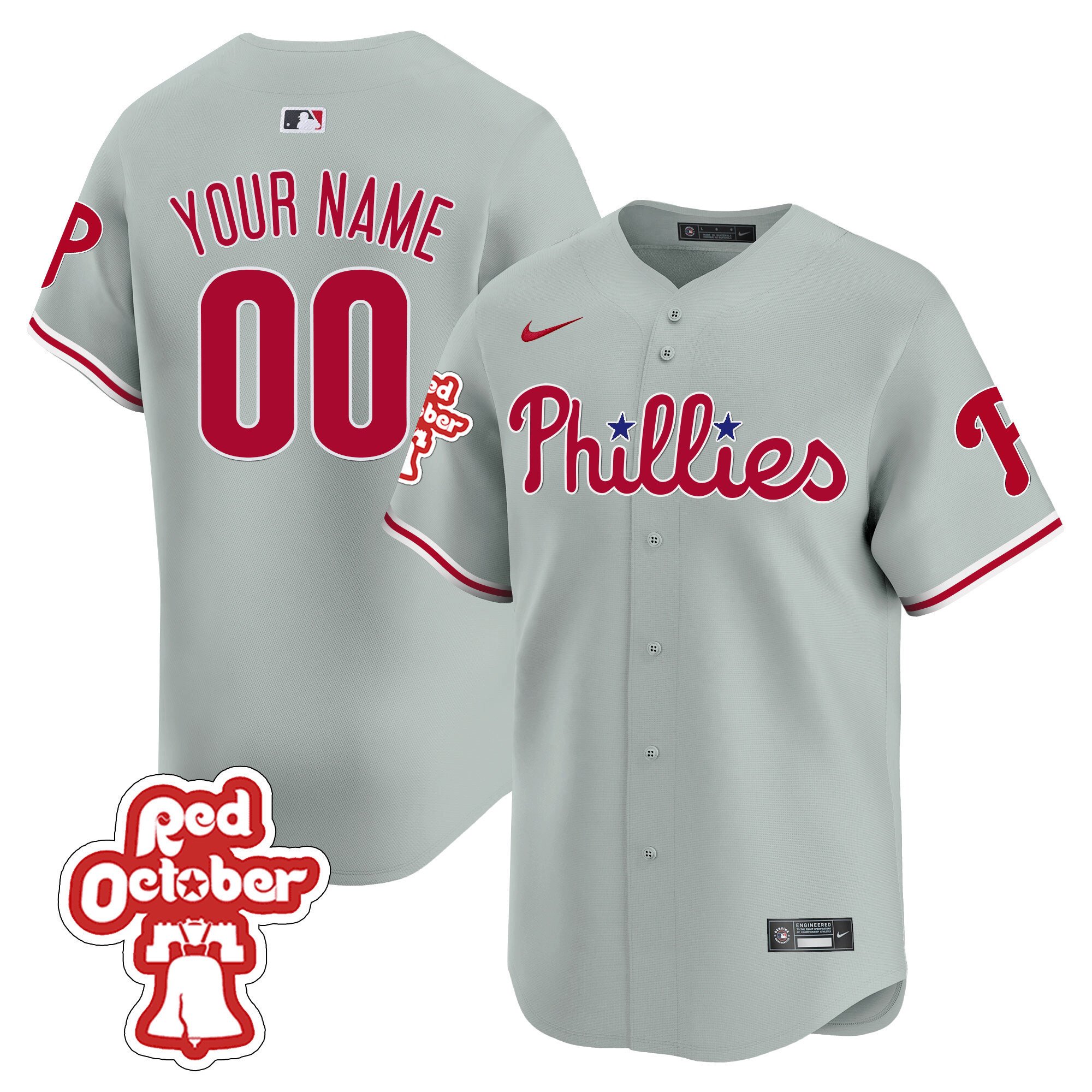 Philadelphia Phillies Red Octorber Patch Vapor Premier Limited Custom Gray Road Jersey