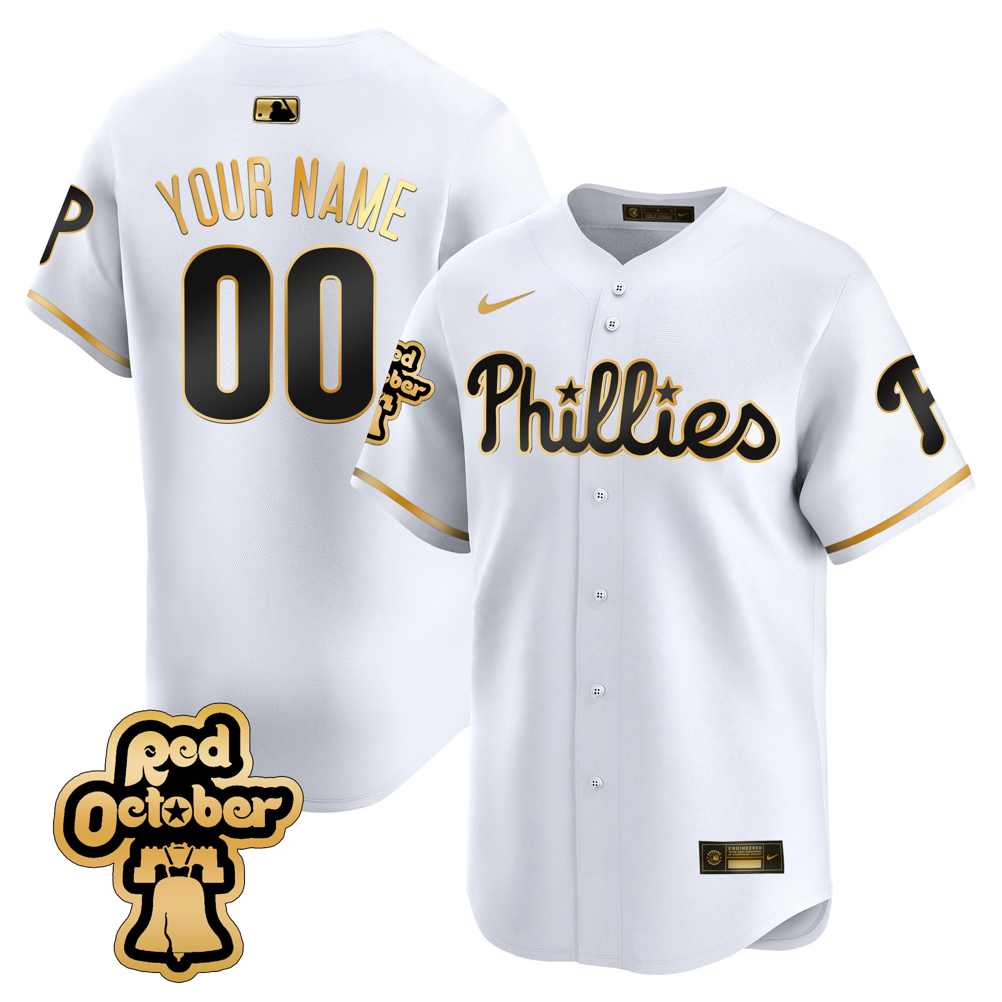Philadelphia Phillies Red Octorber Patch Vapor Premier Limited Custom White Gold Jersey - All Stitched