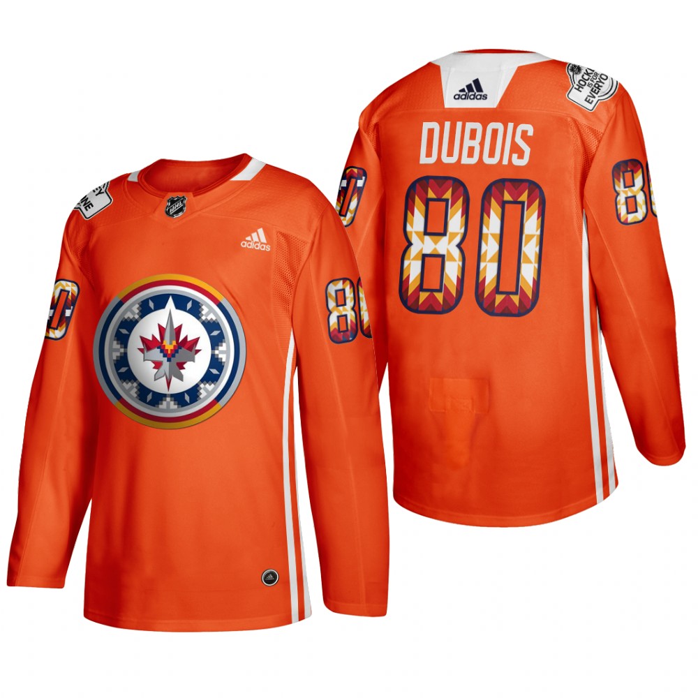 Pierre-Luc Dubois Winnipeg Jets 2022 WASAC Night Jersey Orange #80 Indigenous Warmup