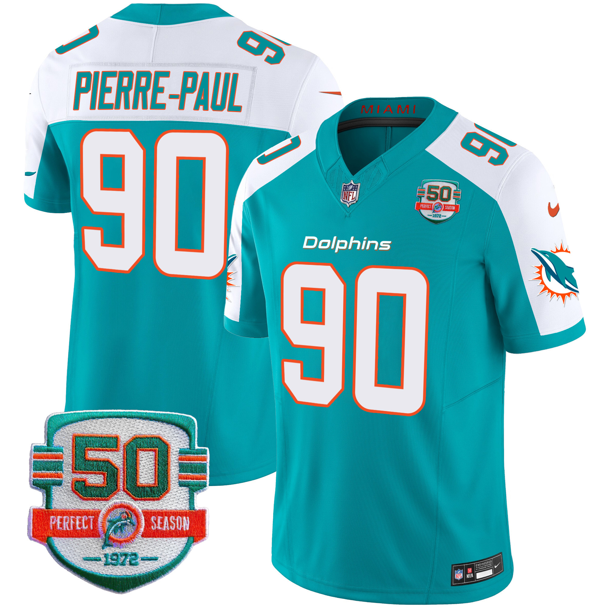 Pierre-Paul Men's Miami Dolphins 50th 1972 Perfect Season Patch Vapor Aqua Alternate Jersey - All Stitched 