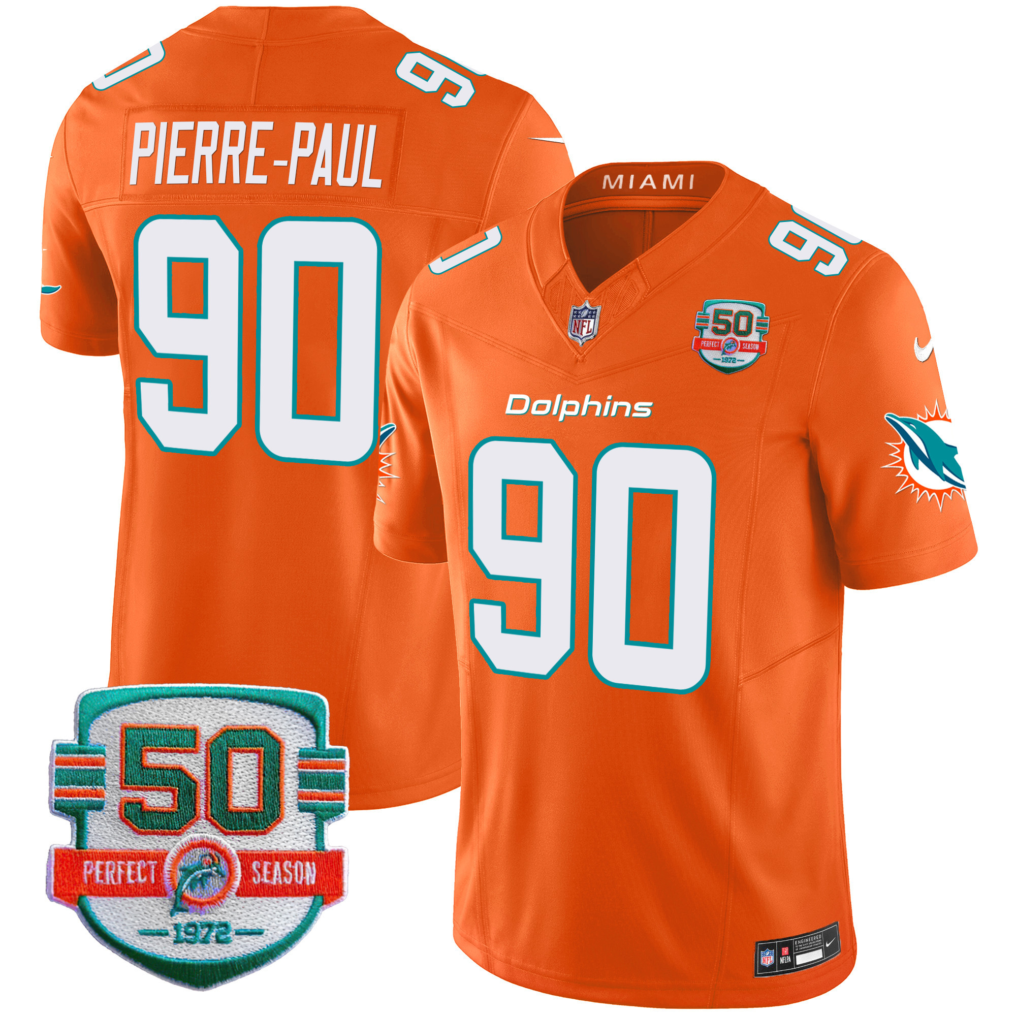 Pierre-Paul Men's Miami Dolphins 50th 1972 Perfect Season Patch Vapor Orange Jersey - All Stitched 
