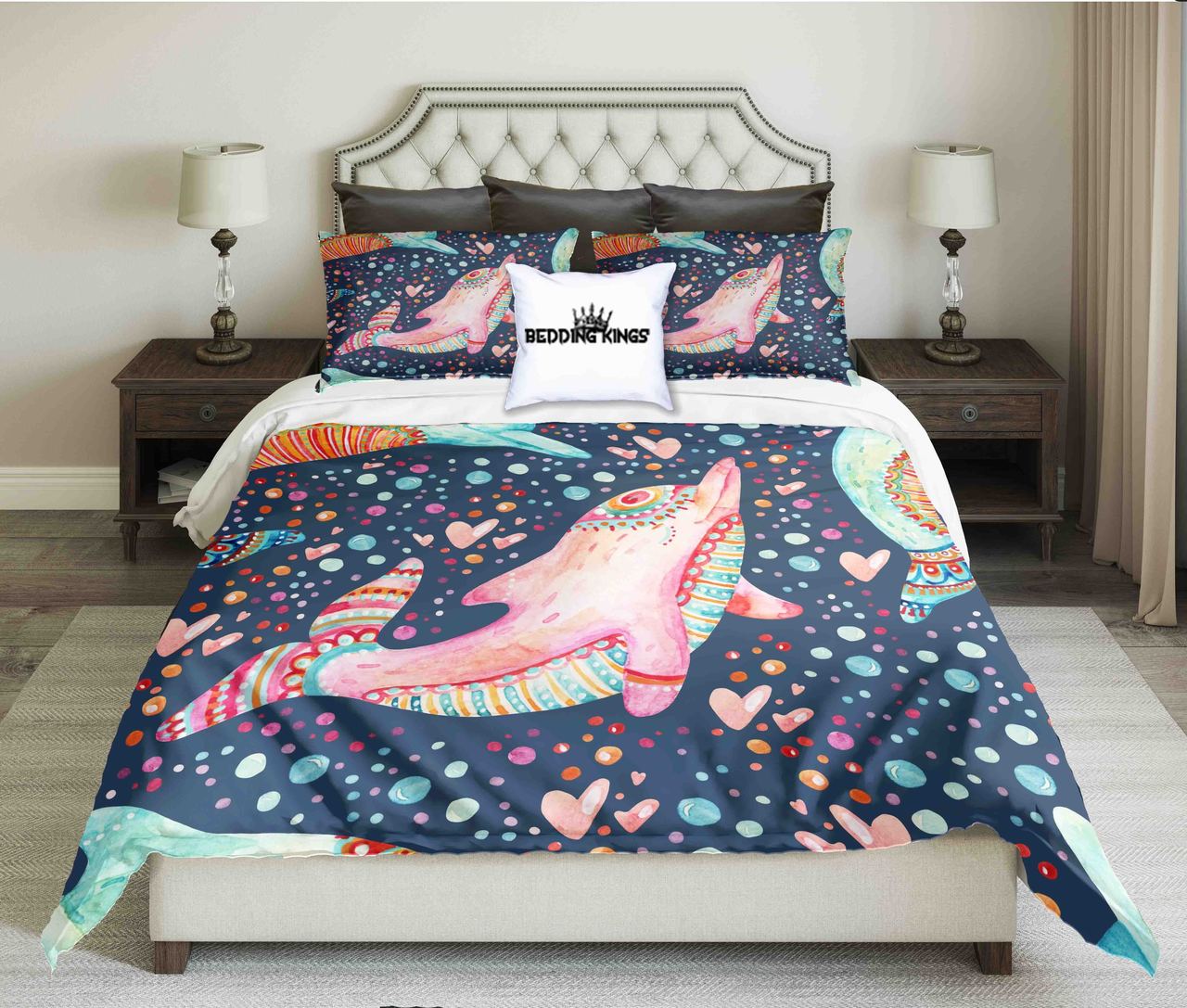 Pink Bue Dolphin Design Kings 3D Customized Duvet Cover Bedding Set