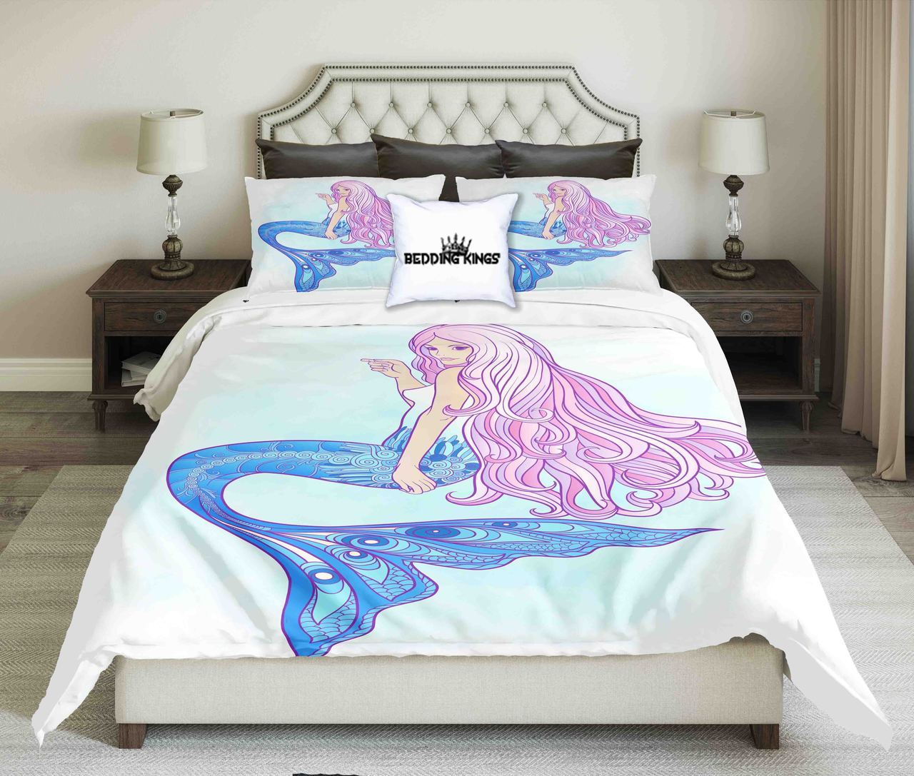 Pink Haired Bluish Mermaid Design Kings 3D Customized Duvet Cover Bedding Set