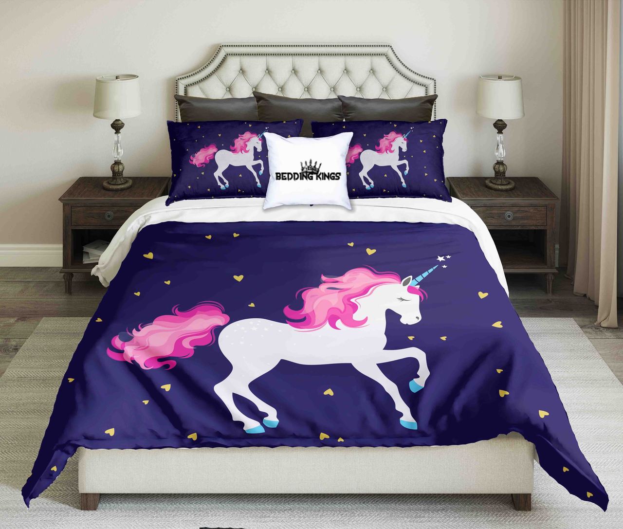 Pinky Haired White Unicorn On Dark Blue Background Kings 3D Customized Duvet Cover Bedding Set