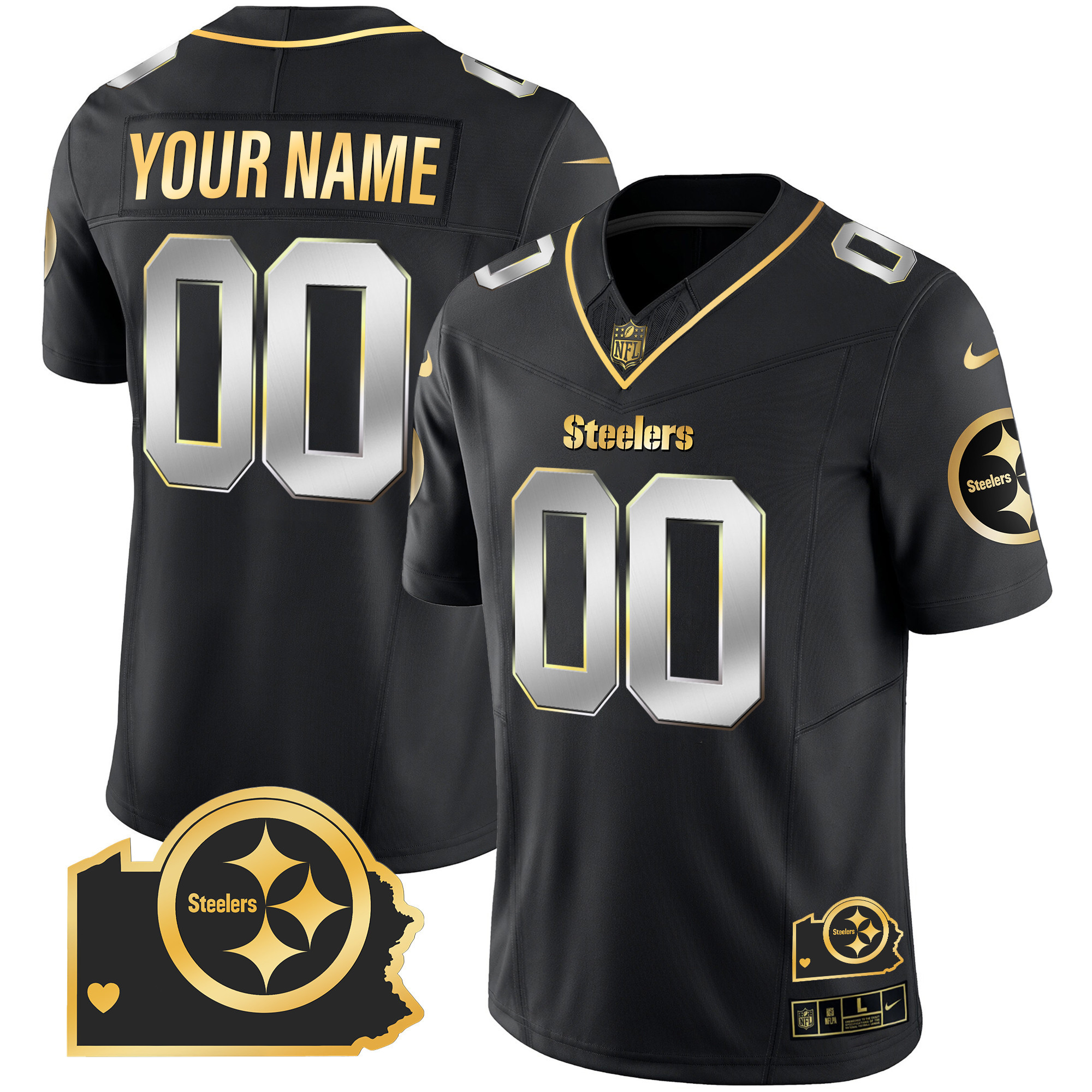 Pittsburgh Steelers Home Patch Gold Vapor Custom Black Limited Jersey - All Stitched
