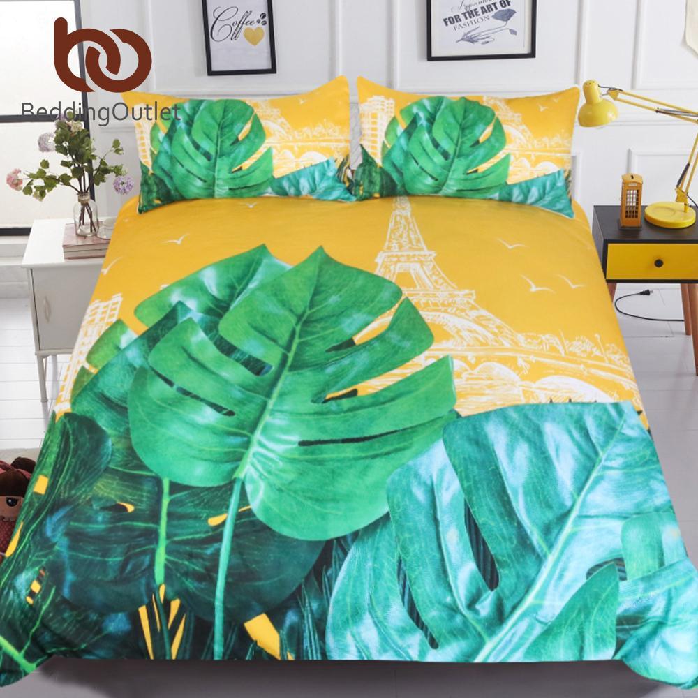 Plant France Tower Et Queen Leaf Leaves Bed Cover Yellow And Green 3D Customized Duvet Cover Bedding Set