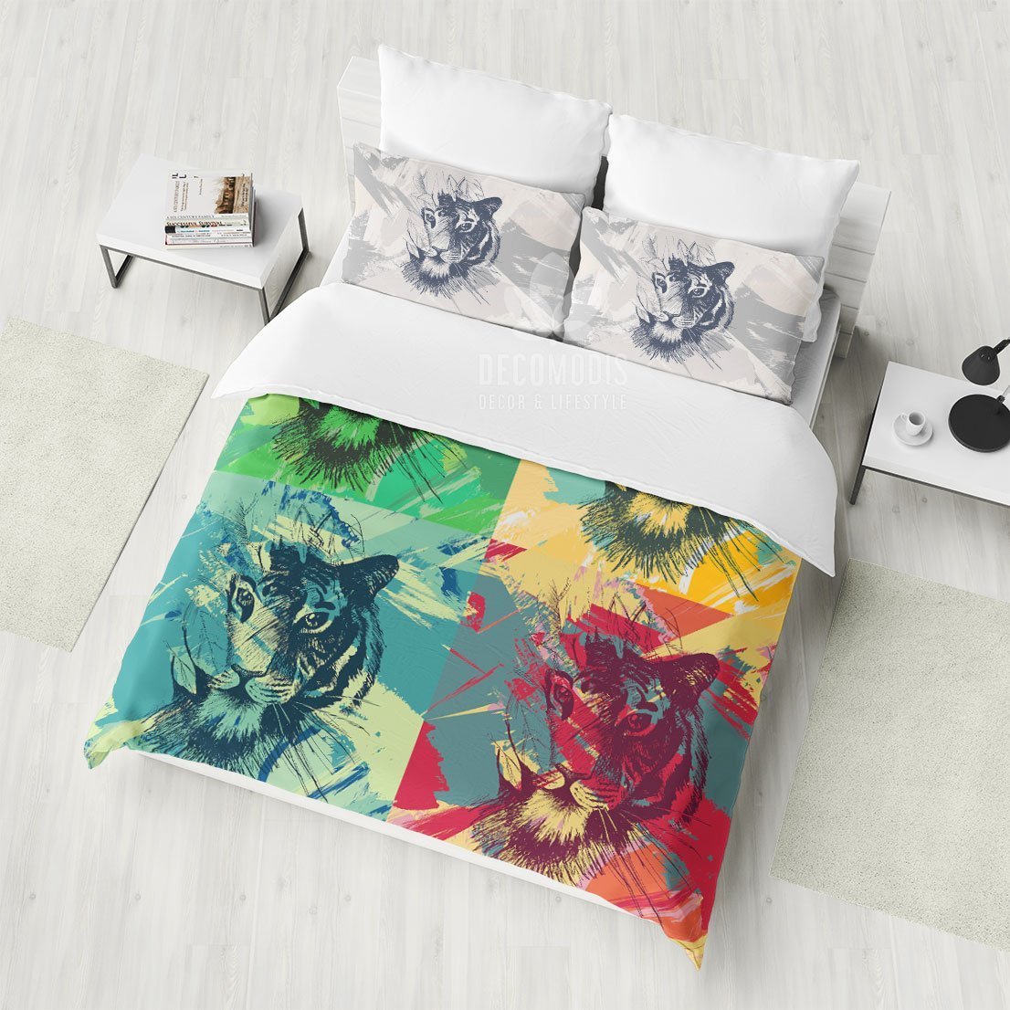 Pop Art Style , Colorful Tigers , Retro Style Art , Art Duvet Cover Bedding Set