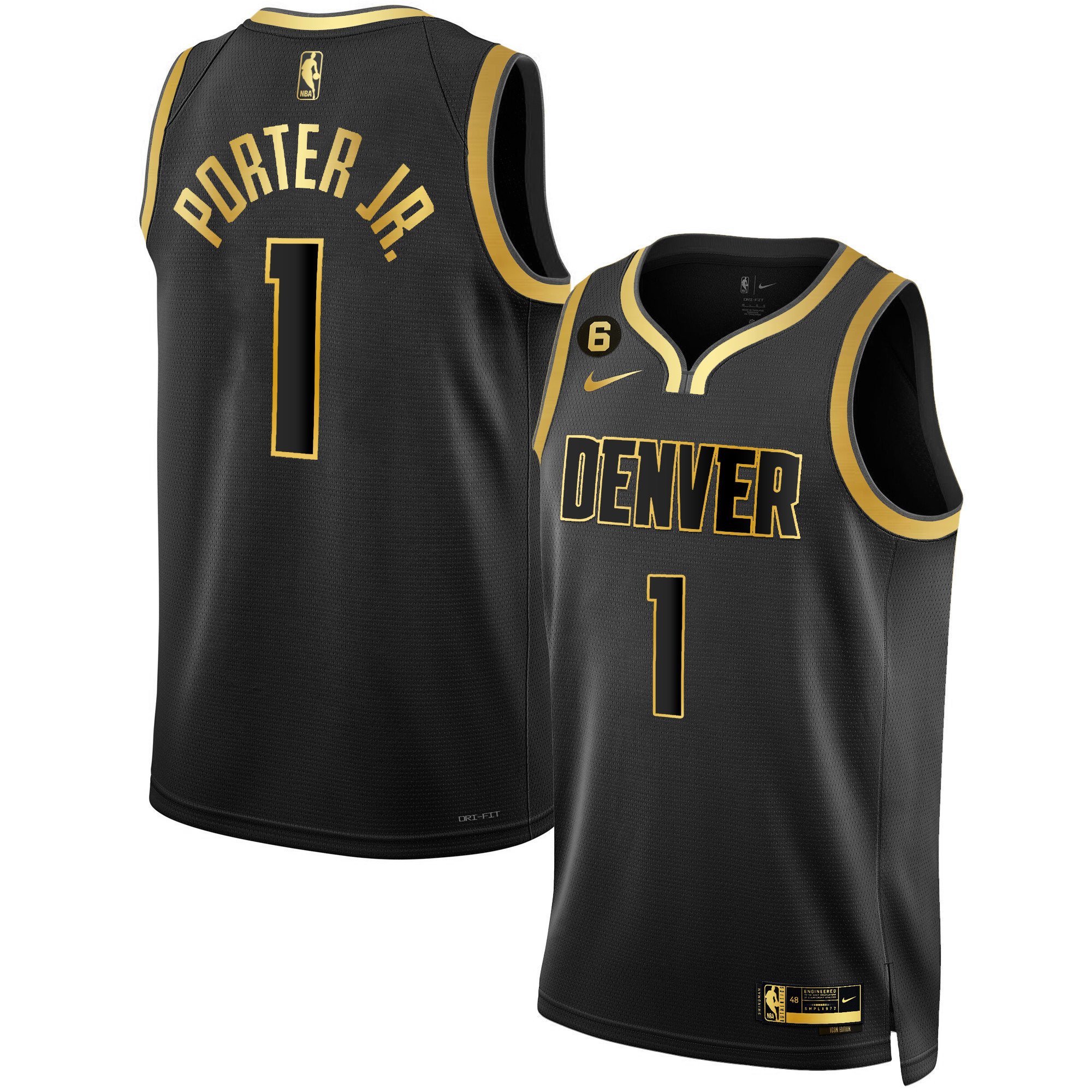 Porter Jr. Men's Denver Nuggets #6 Patch Collection Black Gold Jersey - All Stitched