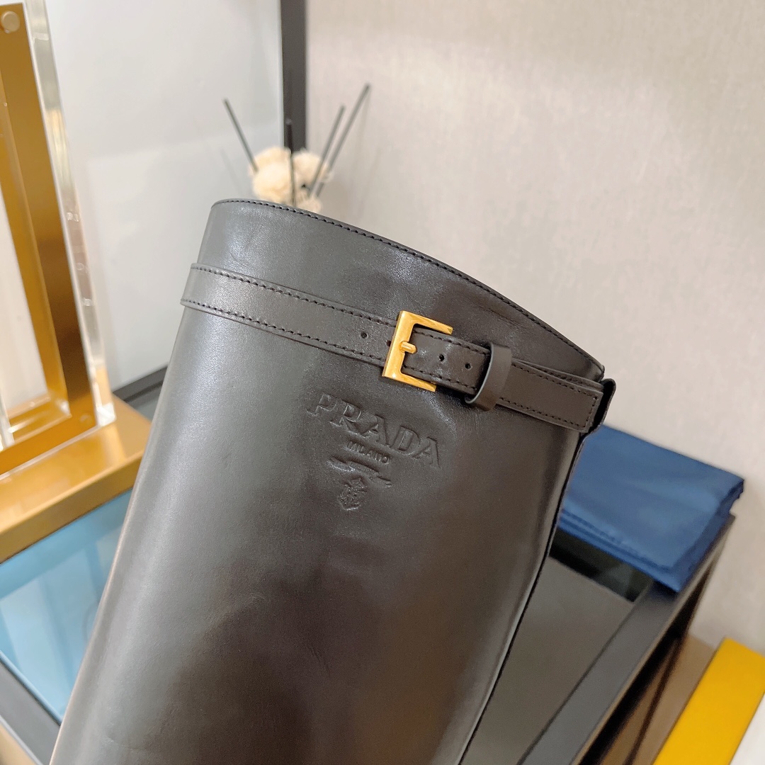 Prada 30 Logo-Embossed Knee Boots Black For Women PRD 