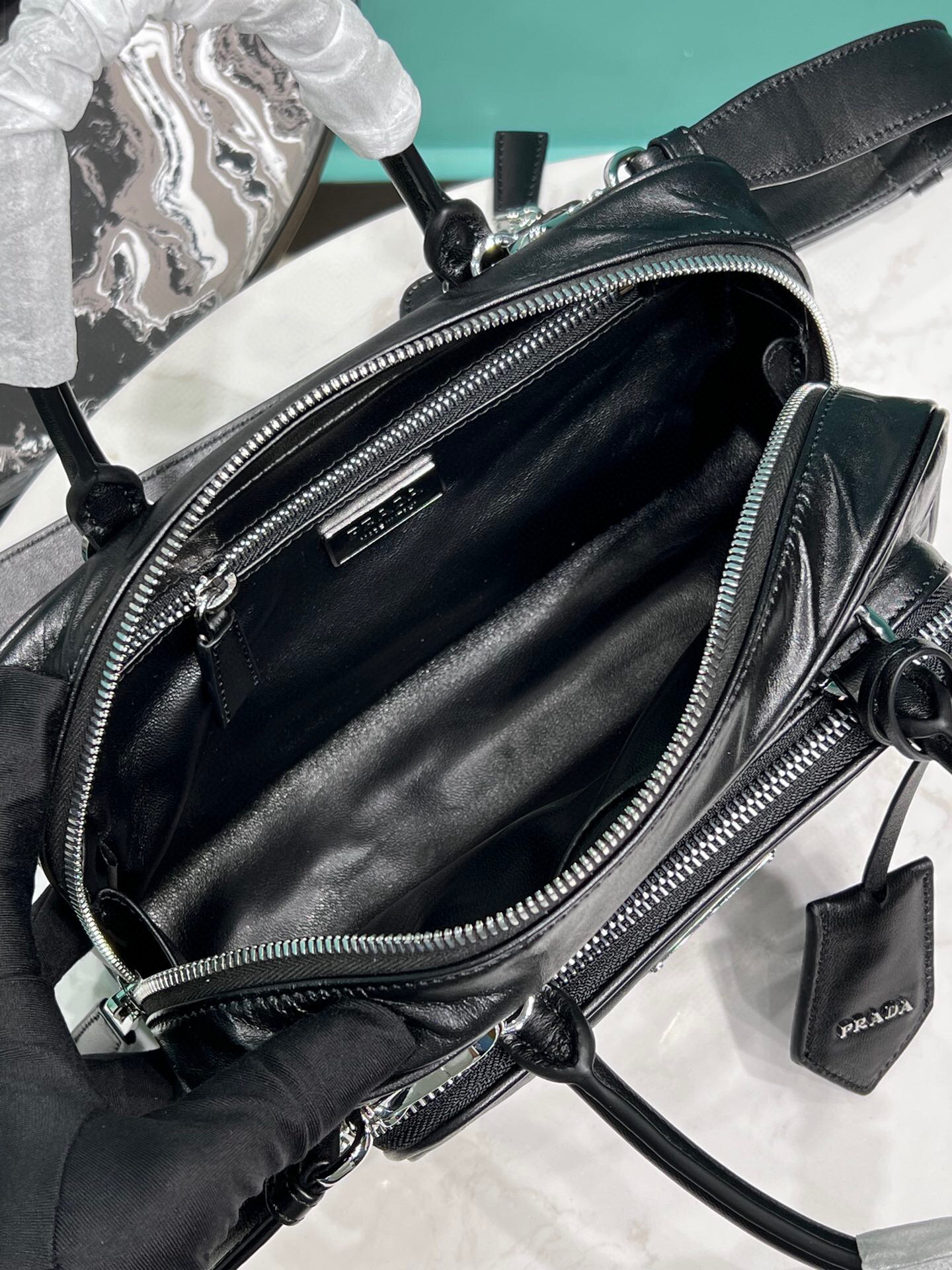 Prada Antique Nappa Multi-Pocket Top-Handle Bag In Grey/Black For Women 9.5 in/ 24cm 1BB099_UVL_F0480_V_T2O