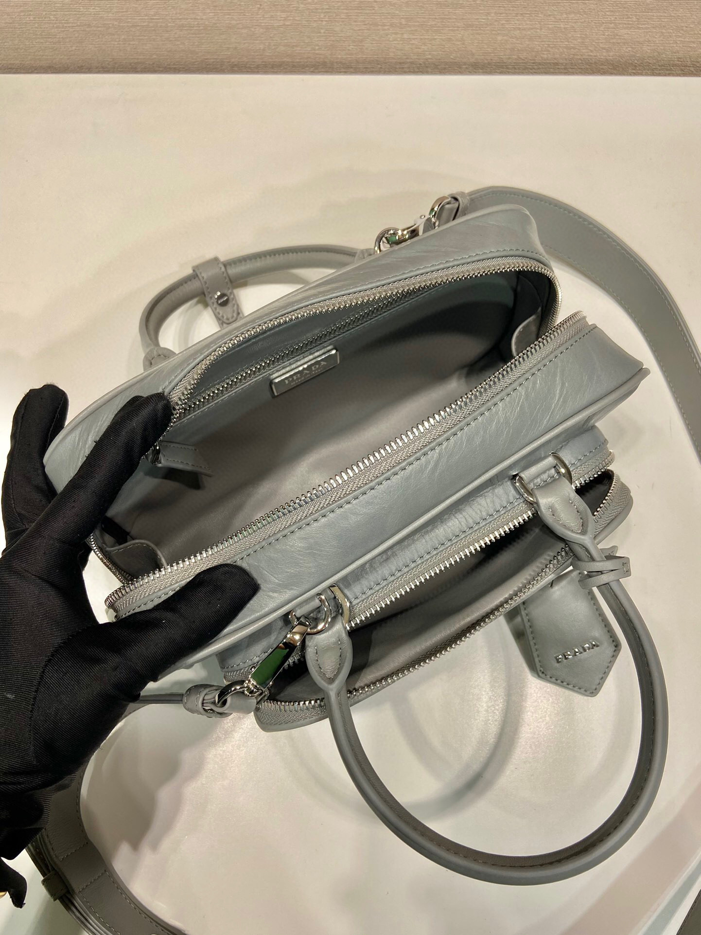 Prada Antique Nappa Multi-Pocket Top-Handle Bag In Grey/Black For Women 9.5 in/ 24cm 1BB099_UVL_F0480_V_T2O