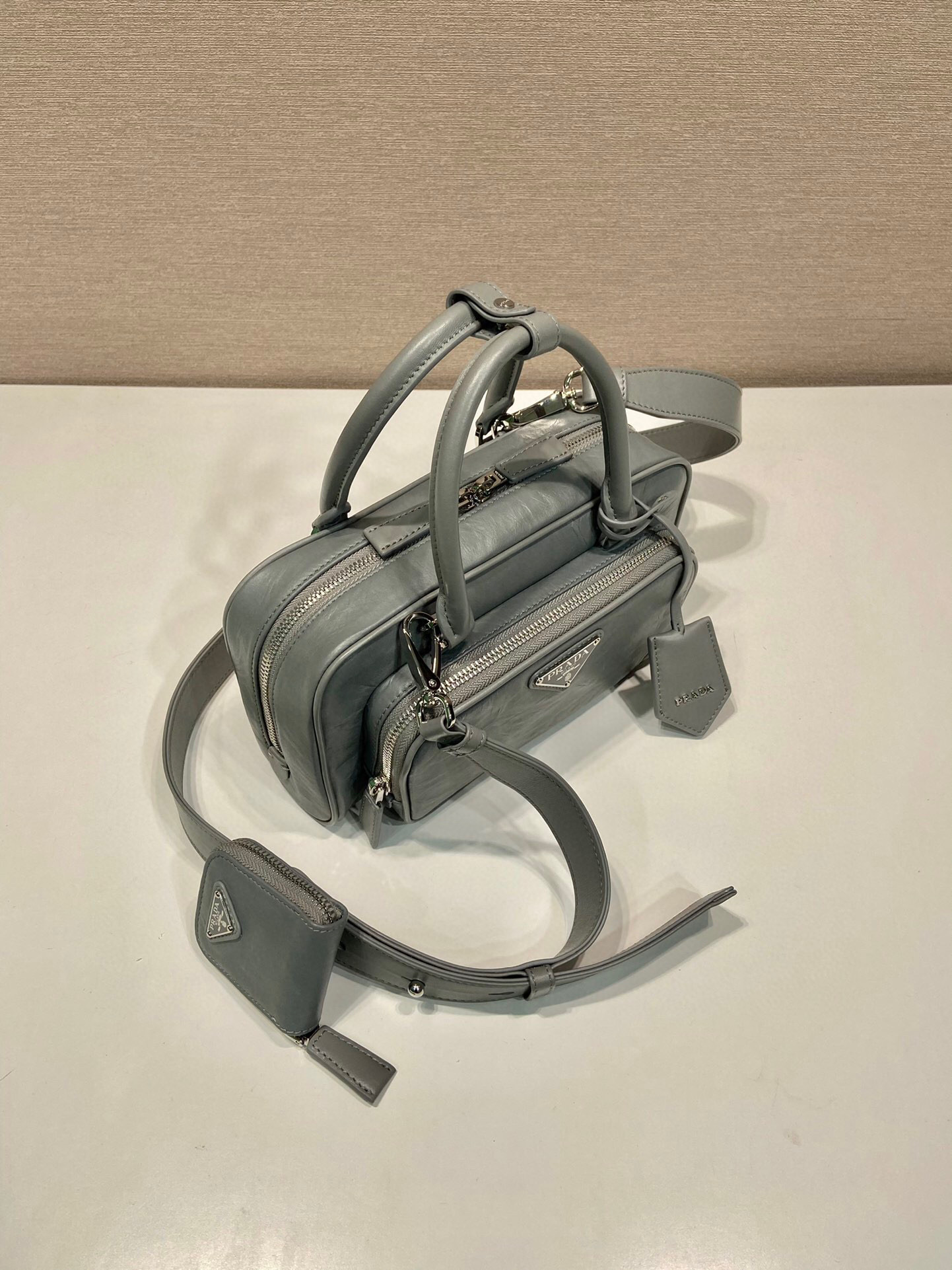 Prada Antique Nappa Multi-Pocket Top-Handle Bag In Grey/Black For Women 9.5 in/ 24cm 1BB099_UVL_F0480_V_T2O