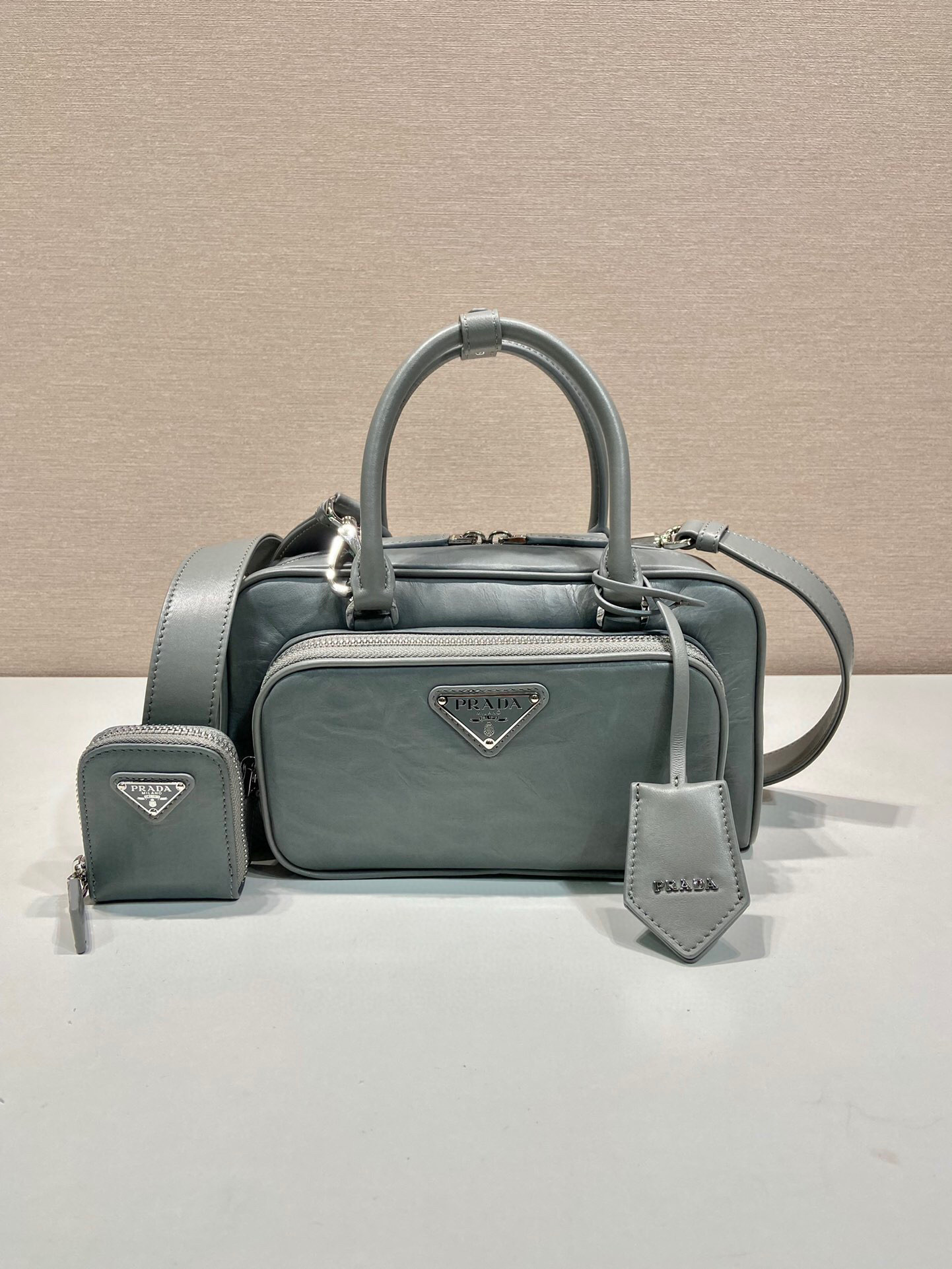 Prada Antique Nappa Multi-Pocket Top-Handle Bag In Grey/Black For Women 9.5 in/ 24cm 1BB099_UVL_F0480_V_T2O