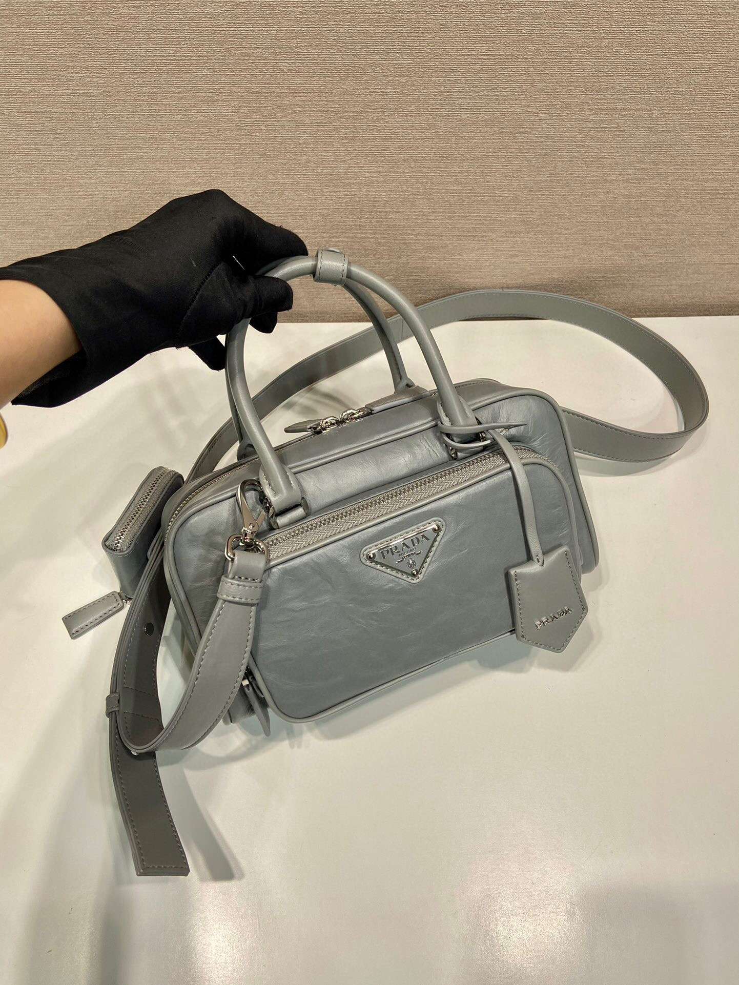 Prada Antique Nappa Multi-Pocket Top-Handle Bag In Grey/Black For Women 9.5 in/ 24cm 1BB099_UVL_F0480_V_T2O