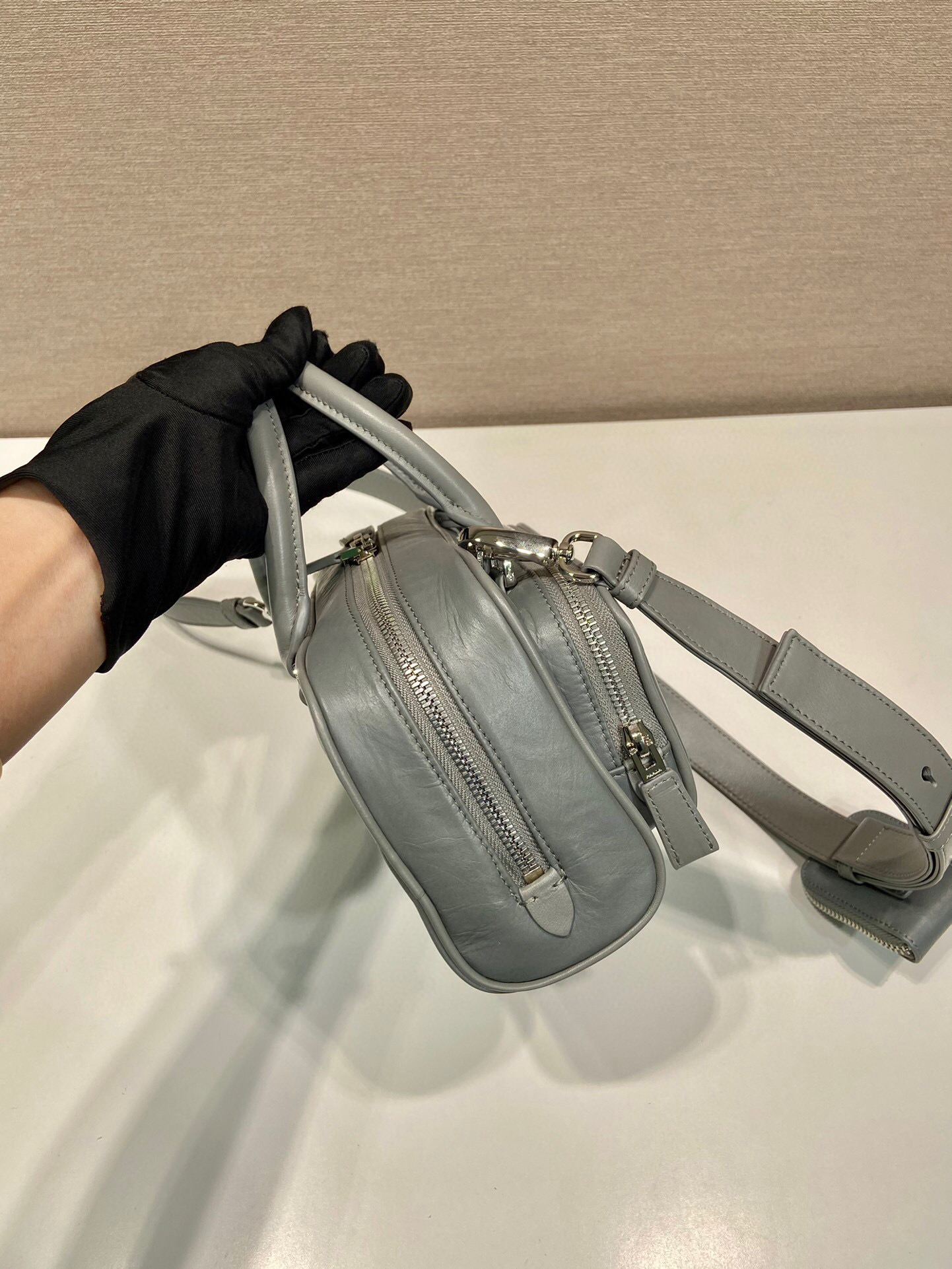 Prada Antique Nappa Multi-Pocket Top-Handle Bag In Grey/Black For Women 9.5 in/ 24cm 1BB099_UVL_F0480_V_T2O