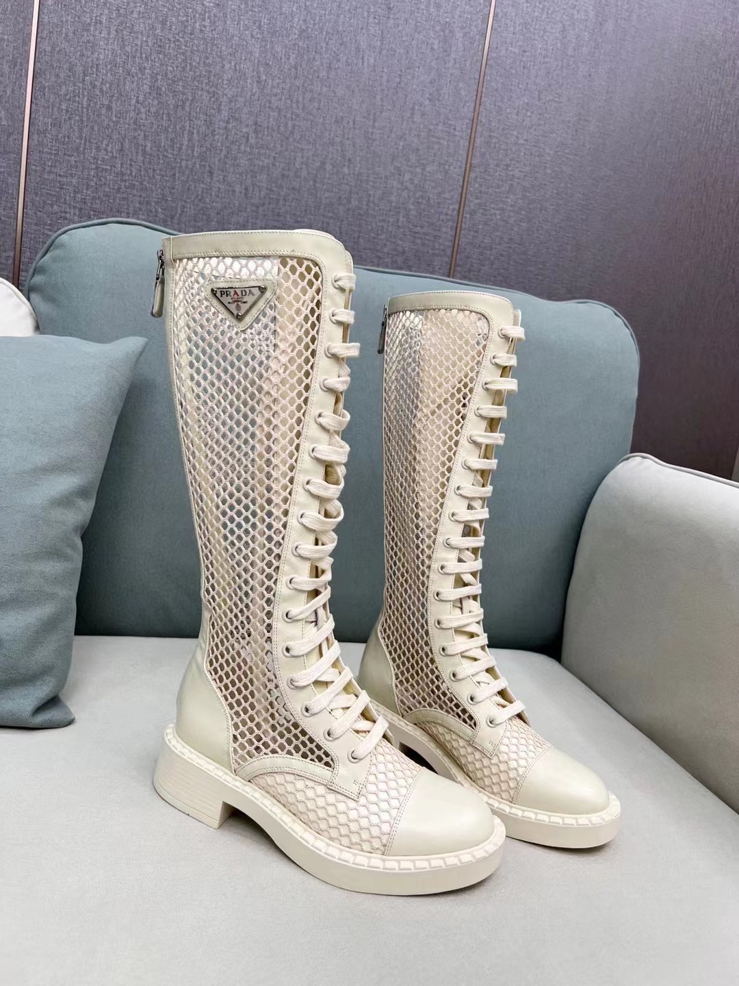 Prada Brushed And Mesh Boots Beige For Women PRD 