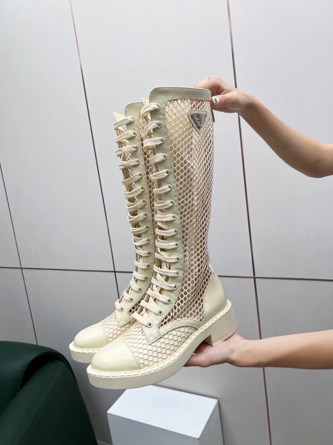 Prada Brushed And Mesh Boots Beige For Women PRD 