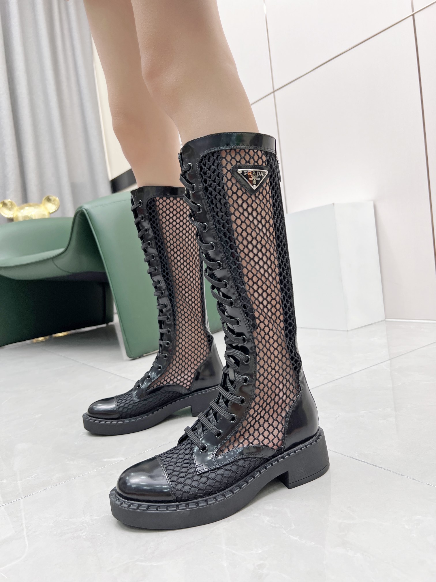 Prada Brushed And Mesh Boots Black For Women PRD 1W907M_3LK5_F0002_F_B050