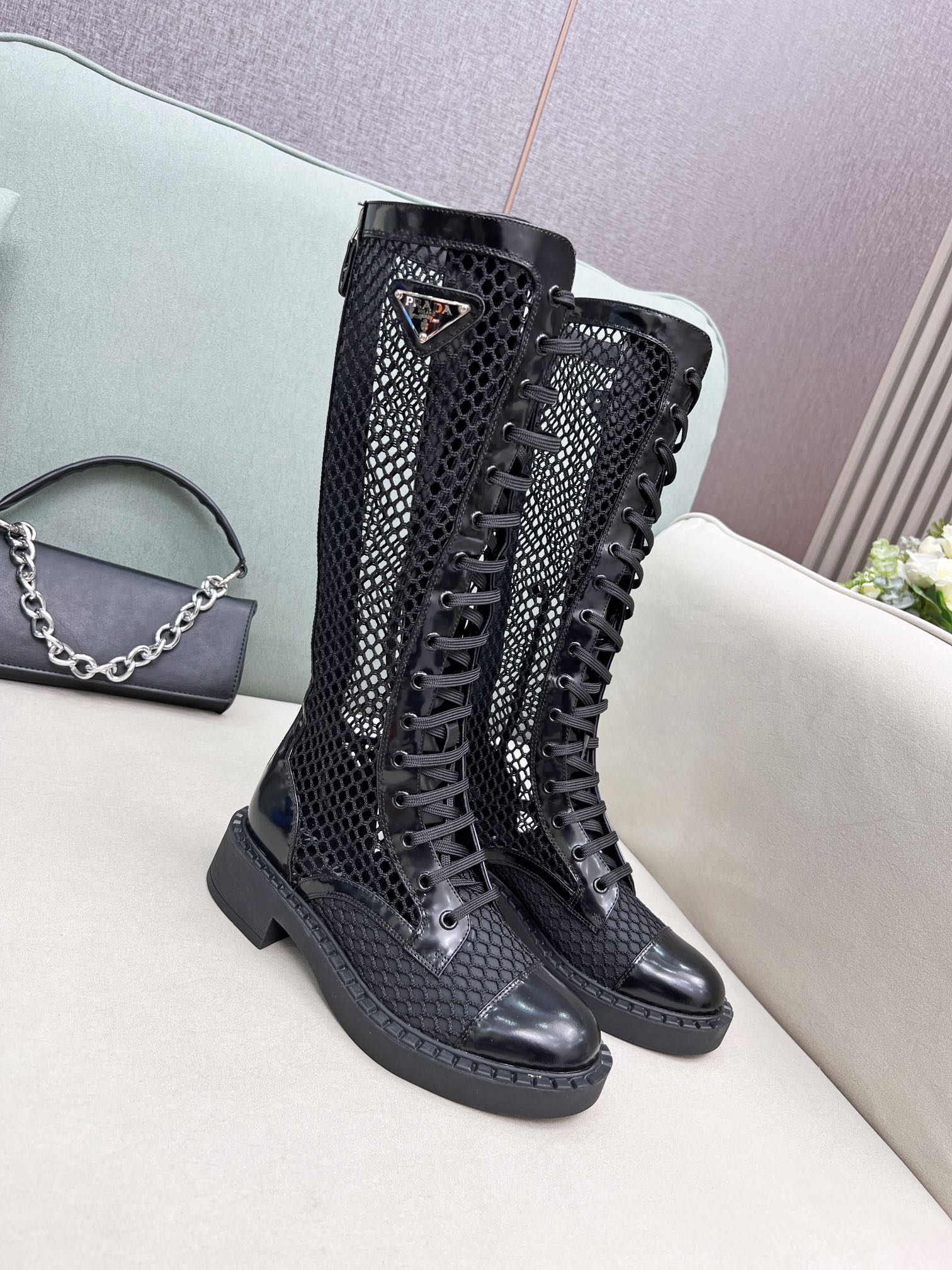 Prada Brushed And Mesh Boots Black For Women PRD 1W907M_3LK5_F0002_F_B050