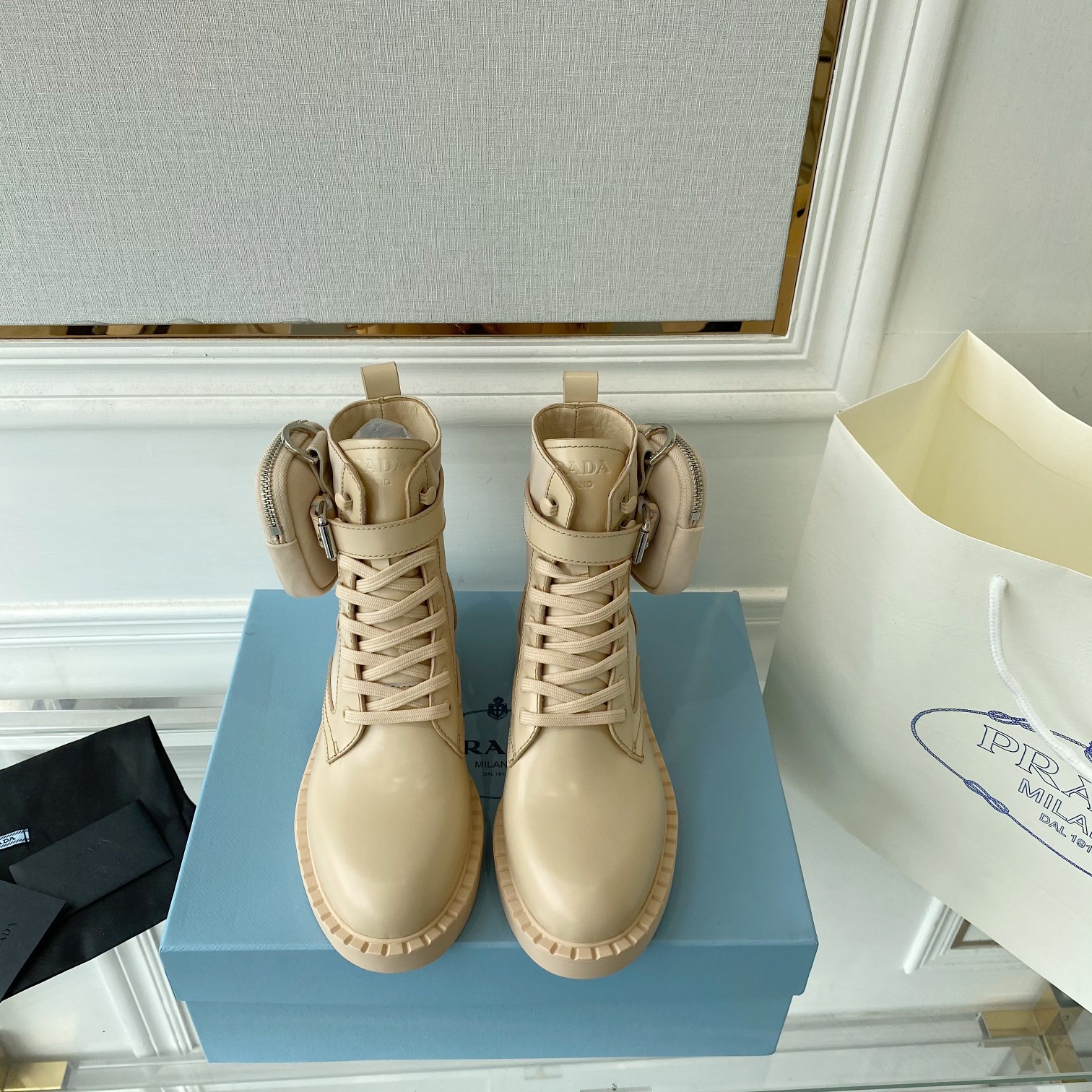 Prada Brushed And Re-Nylon Boots Beige For Women 2in/50mm PRD 