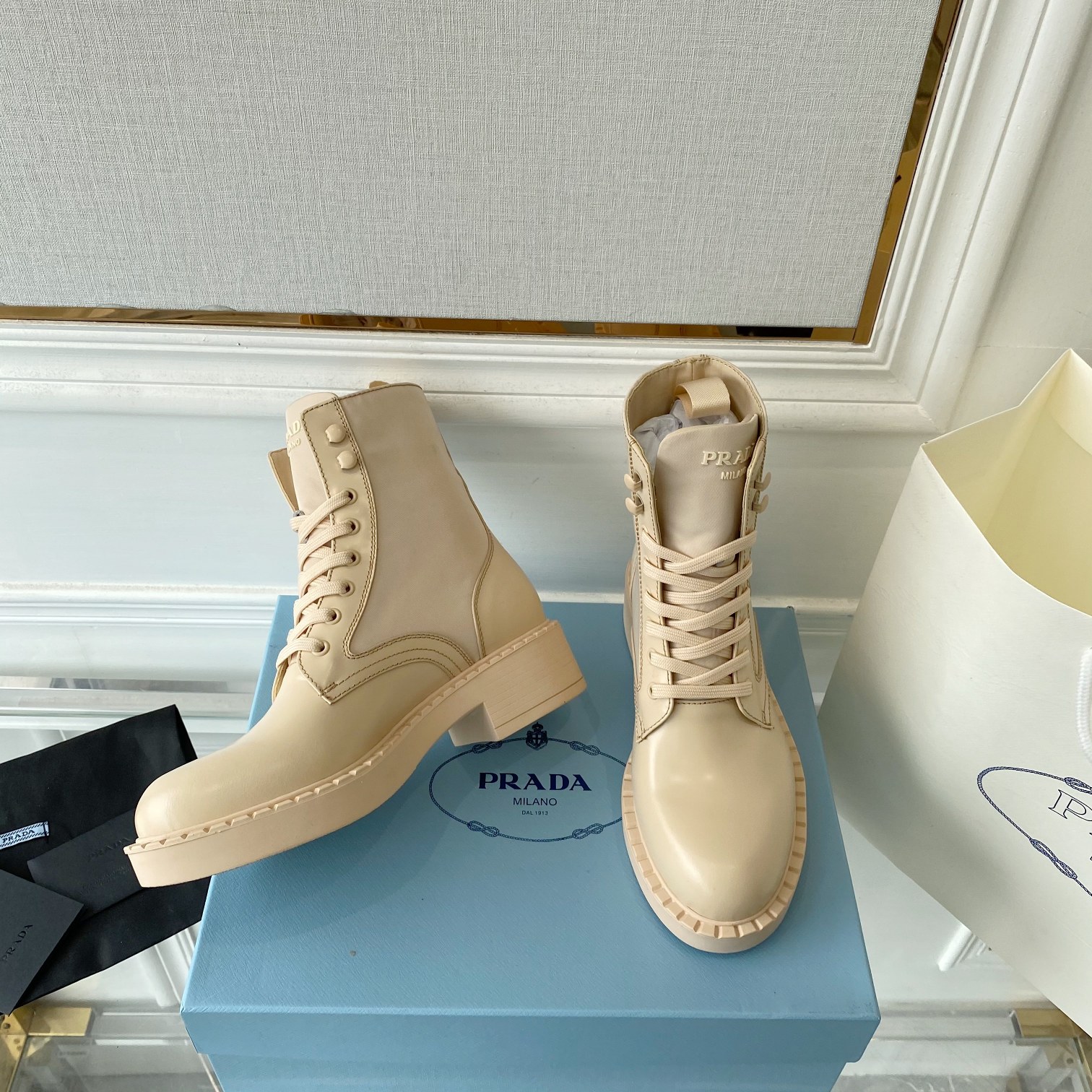 Prada Brushed And Re-Nylon Boots Beige For Women 2in/50mm PRD 1T782M_3LF7_F0F24_F_B050